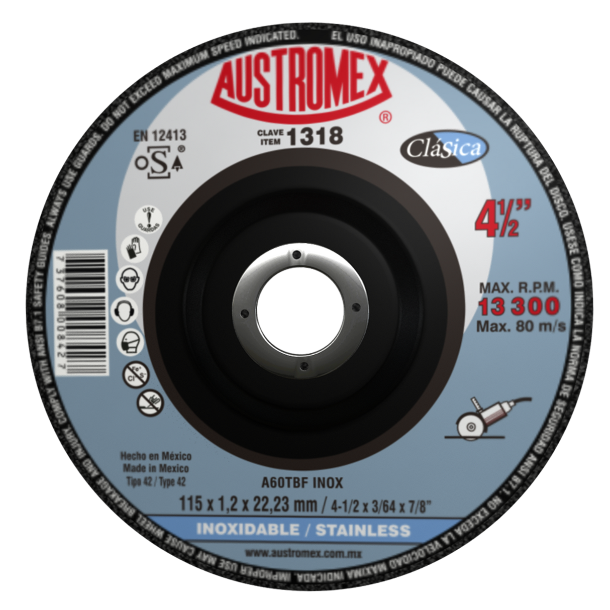 Disco de corte, tipo 42, medidas 4 1/2 Pulg X 3/64 pulg X 7/8 Pulg