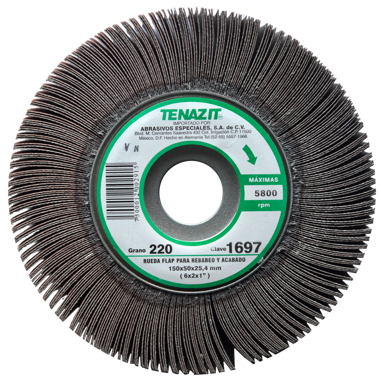 Rueda Flap , 6 pulg X 2 pulg X 1 pulg de grano 220 Tenazit