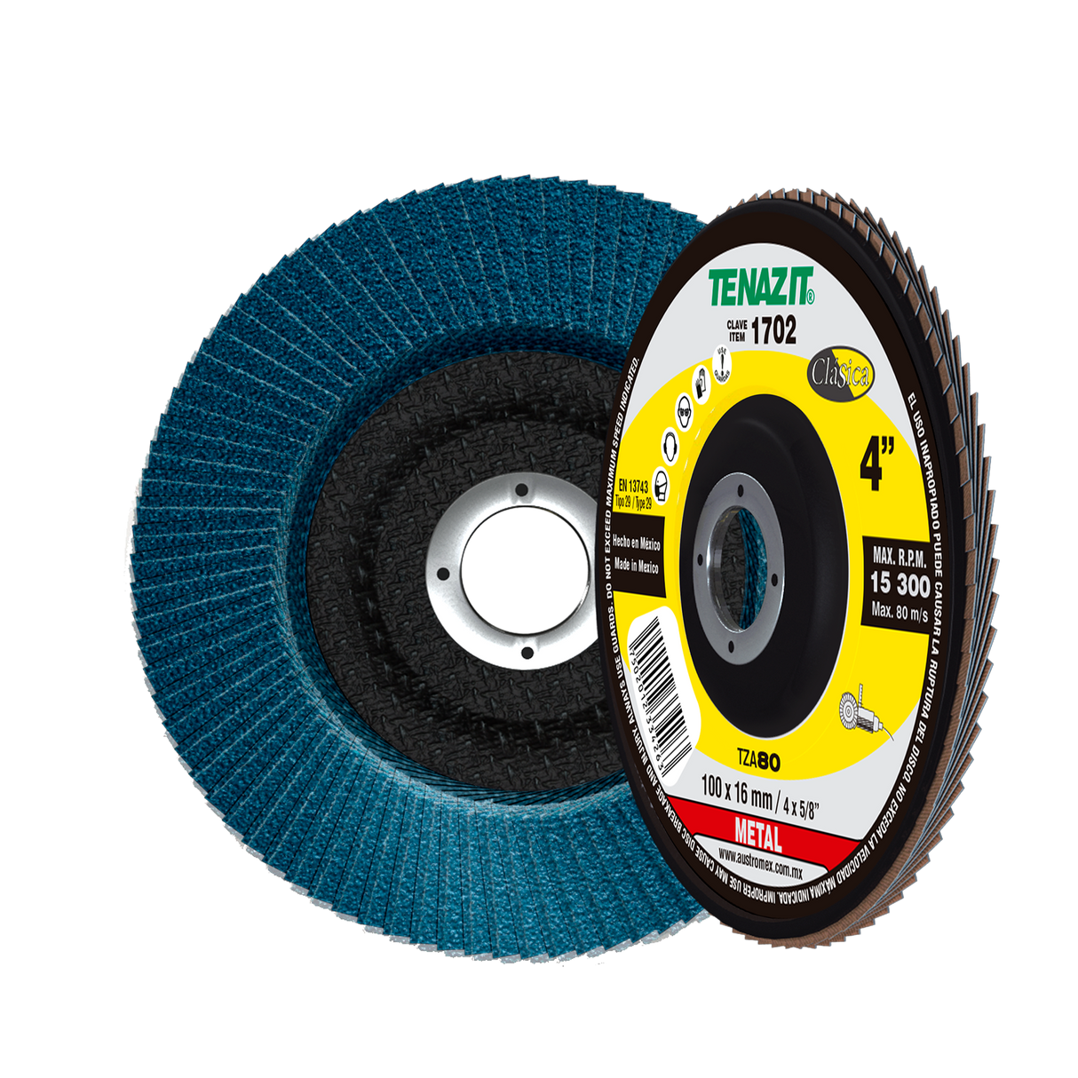 Disco Laminado de Zirconio, Diam. 4 pulg, barreno 5/8 pulg, grano 80, respaldo Fibra de Vidrio