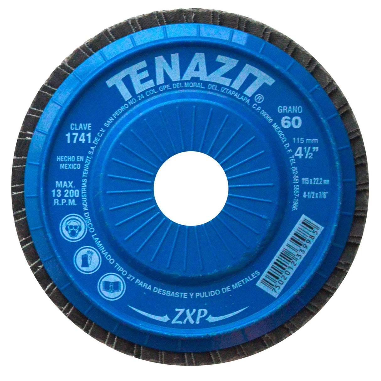 Disco Laminado de Zirconio, Diam. 4-1/2pulg, barreno 7/8 pulg, grano 60, respaldo Plástico Tenazit