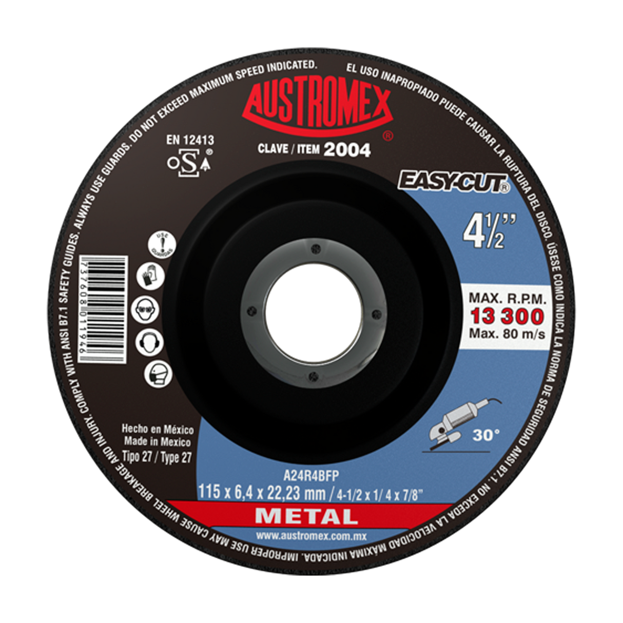 Disco de Desbaste, tipo 27, de Óxido de Aluminio, diam. 4-1/2 pulg, espesor 1/4 Pulg, barreno de 7/8 Pulg Austromex