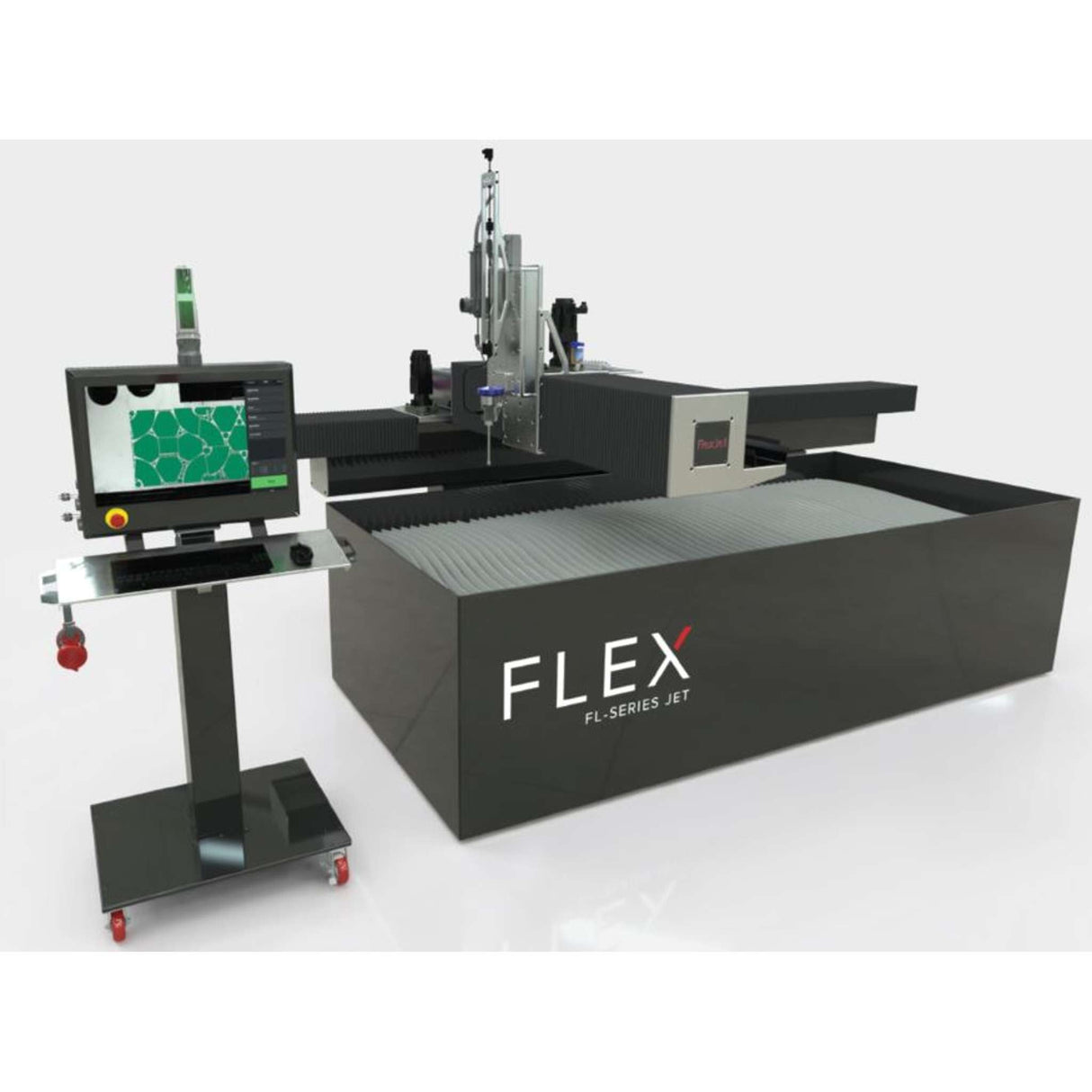 Máquina de corte por agua WATER JET serie FL, modelo FL1004, con bomba de alta presión de 50 hp trifásica a 220V 60Hz. Flex Jet