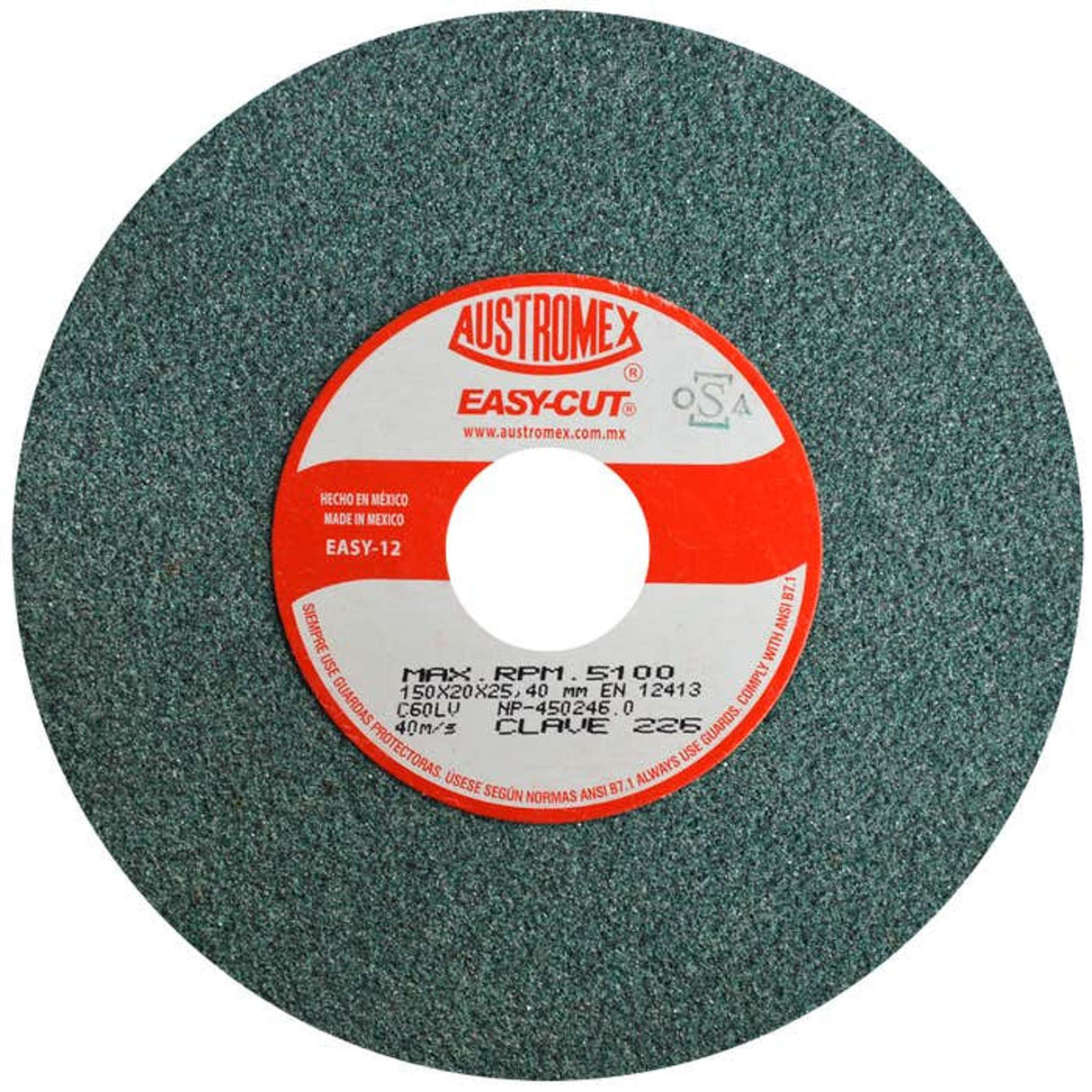 Rueda abrasiva para rectificado de tipo 1, 6 pulg X 3/4 pulg X 1 pulg de grano 60 Austromex