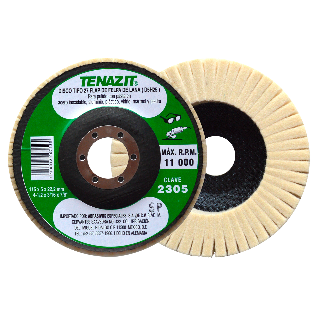 Disco laminado de Felpa, diam. 4 1/2 pulg, espesor 3/16 pulg, barreno 7/8 pulg Tenazit