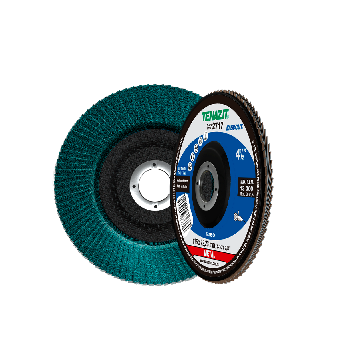 Disco Laminado de Zirconio, Diam. 4-1/2pulg, barreno 7/8 pulg, grano 60, respaldo Fibra de Vidrio Tenazit
