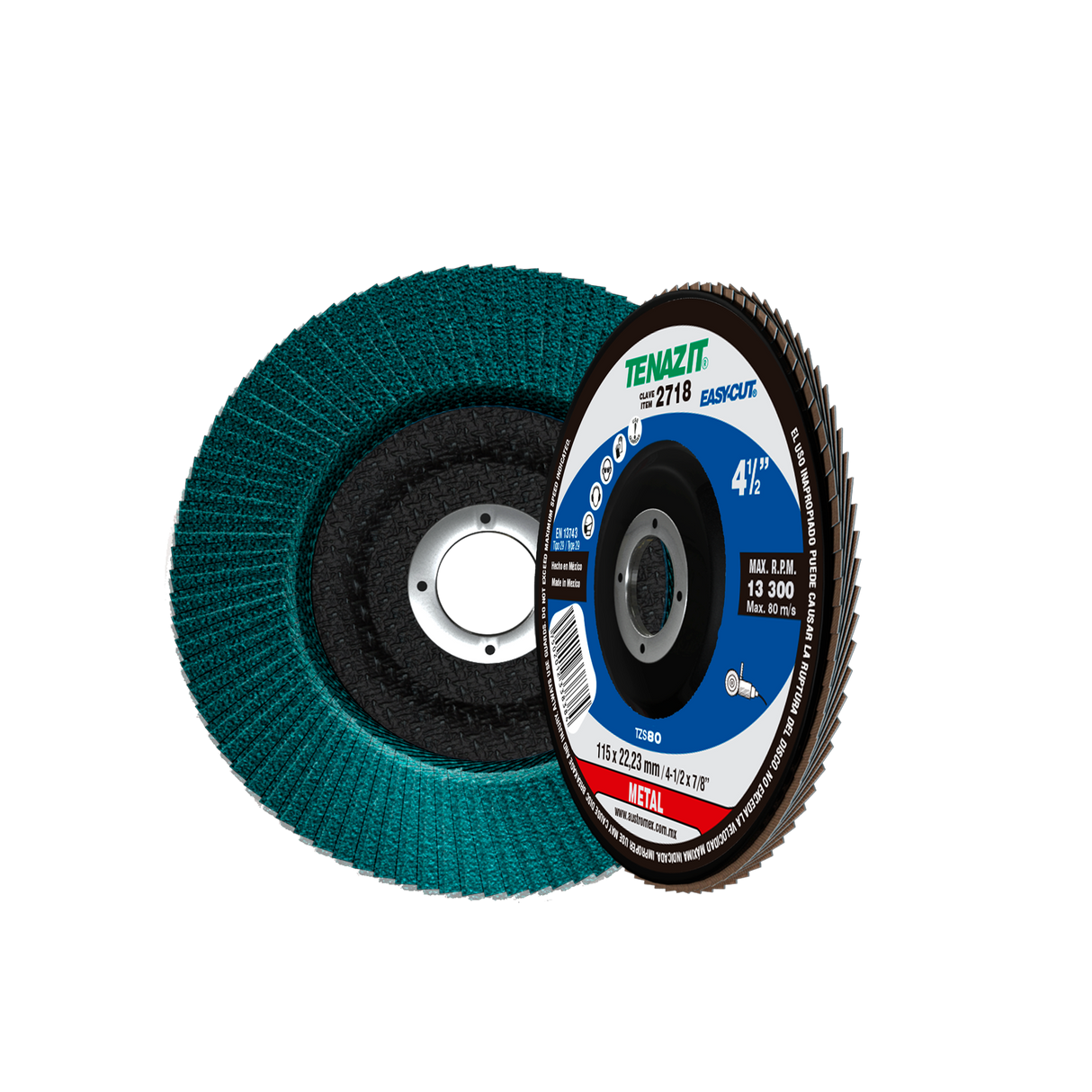 Disco Laminado de Zirconio, Diam. 4-1/2pulg, barreno 7/8 pulg, grano 80, respaldo Fibra de Vidrio Tenazit