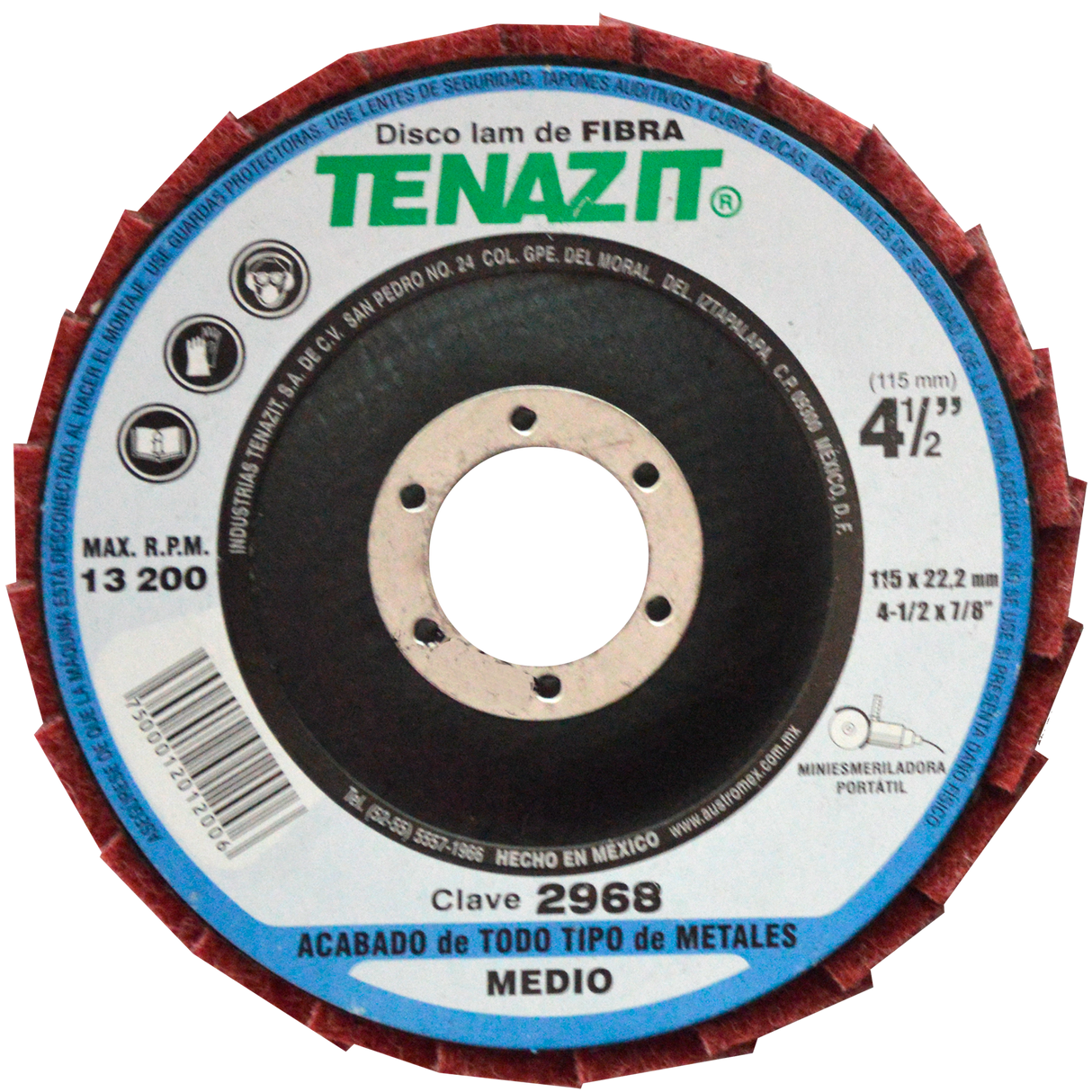 Disco Laminado de Fibra, Diam. 4-1/2pulg, barreno 7/8 pulg, grano Mediano, respaldo Tenazit