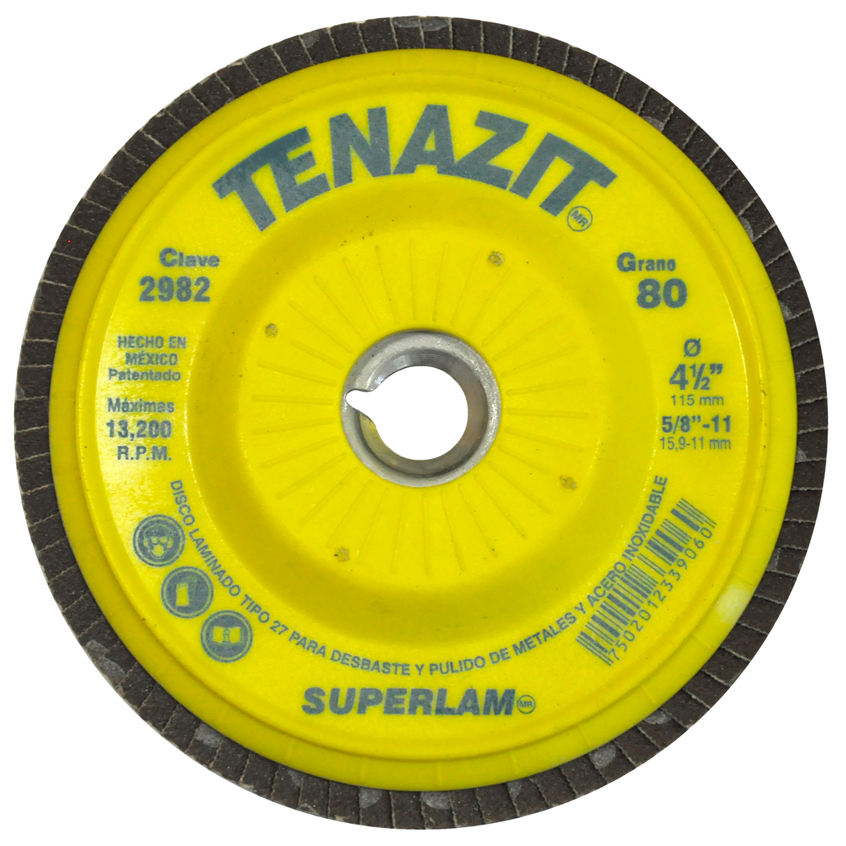 Disco Laminado de Zirconia , Diam. 4-1/2pulg, barreno 5/8-11 pulg, grano 80, respaldo Plástico recortable Tenazit
