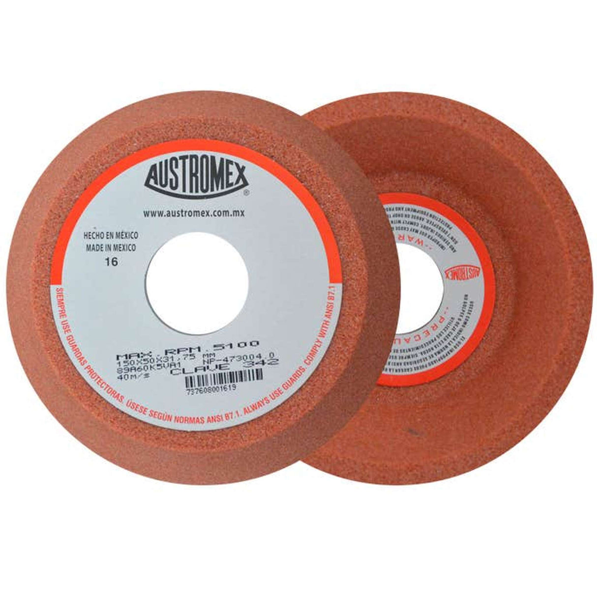 Rueda abrasiva para rectificado de tipo 11, 6 pulg X 2 pulg X 1-1/4 pulg de grano 60 Austromex