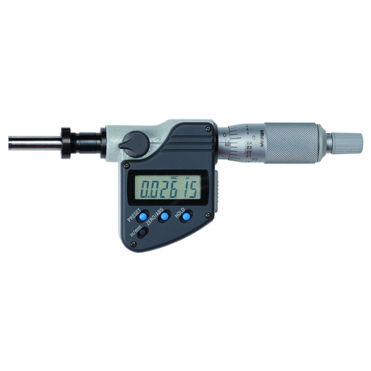 Cabeza Micrométrica Digital 0-1 pulg, Vástago Con Tuerca de Sujeción Plana Punta de Carburo, Diám. Vastago 0.375 pulg