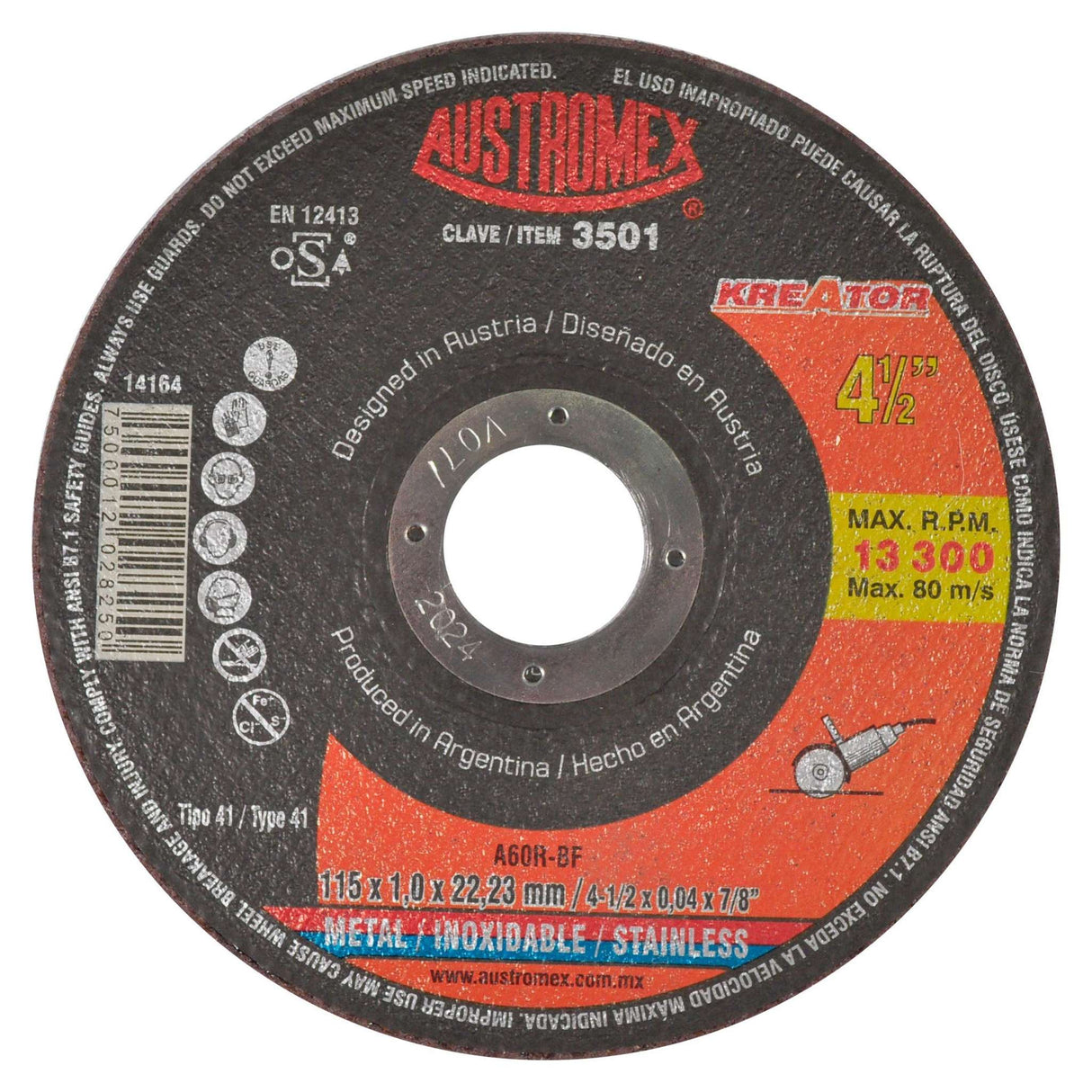 Disco de corte, tipo 41, medidas 4 1/2 Pulg X 0.040 pulg X 7/8 Pulg