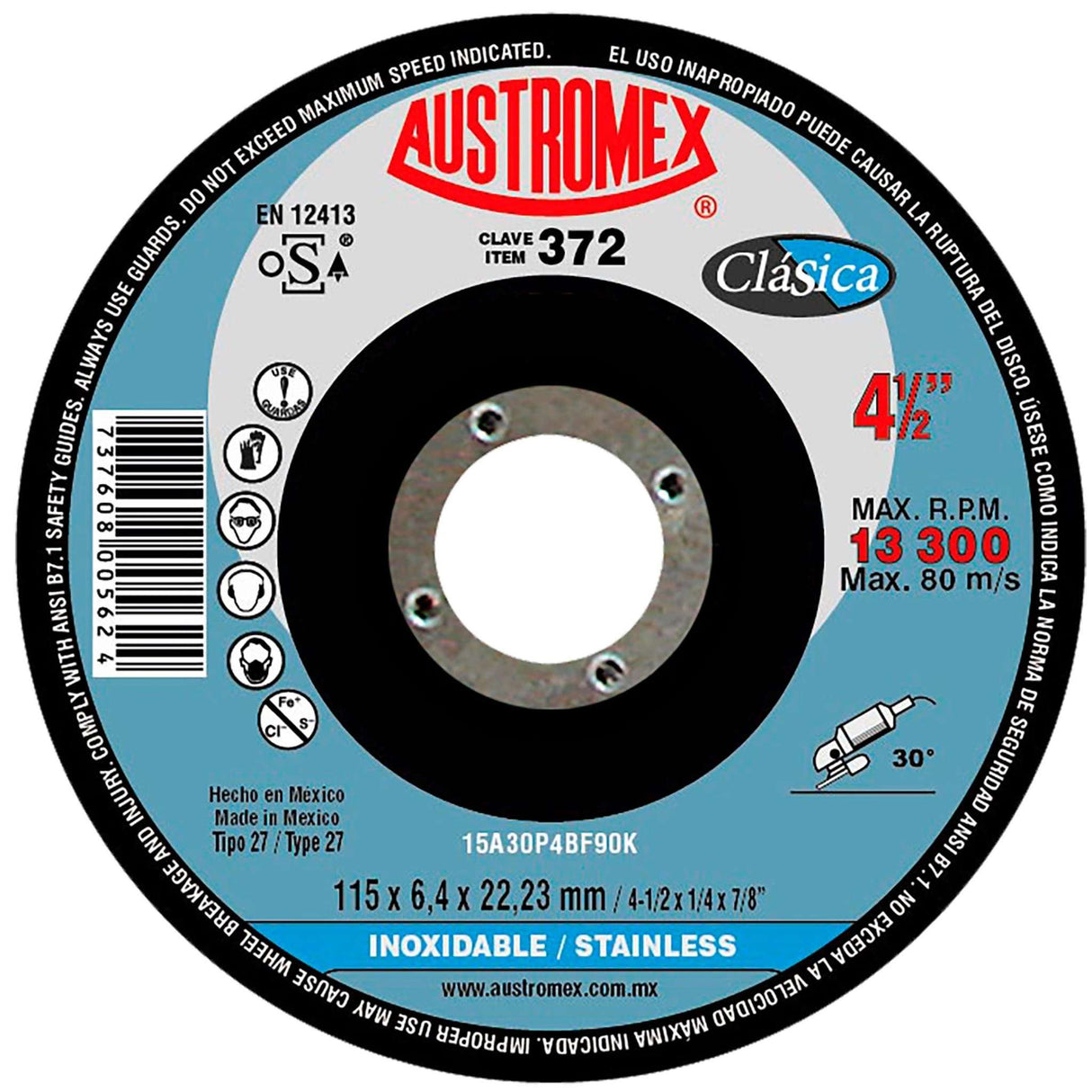Disco de Desbaste, tipo 27, de Óxido de Aluminio, diam. 4-1/2 pulg, espesor 1/4 Pulg, barreno de 7/8 Pulg Austromex