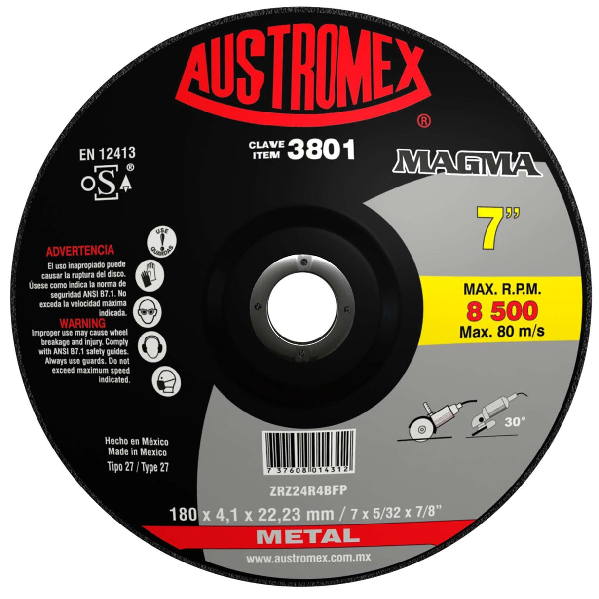 Disco de Desbaste, tipo 27, de Óxido de Zirconio, diam. 7 Pulg, espesor 5/32 pulg, barreno de 7/8 Pulg Austromex