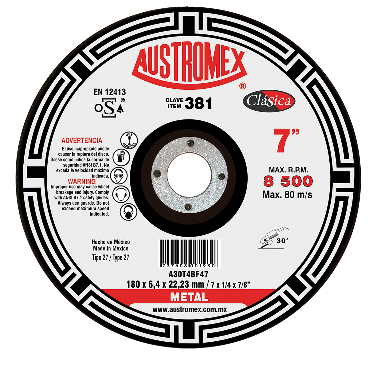 Disco de Desbaste, tipo 27, de Óxido de Aluminio, diam. 7 Pulg, espesor 1/4 Pulg, barreno de 7/8 Pulg Austromex