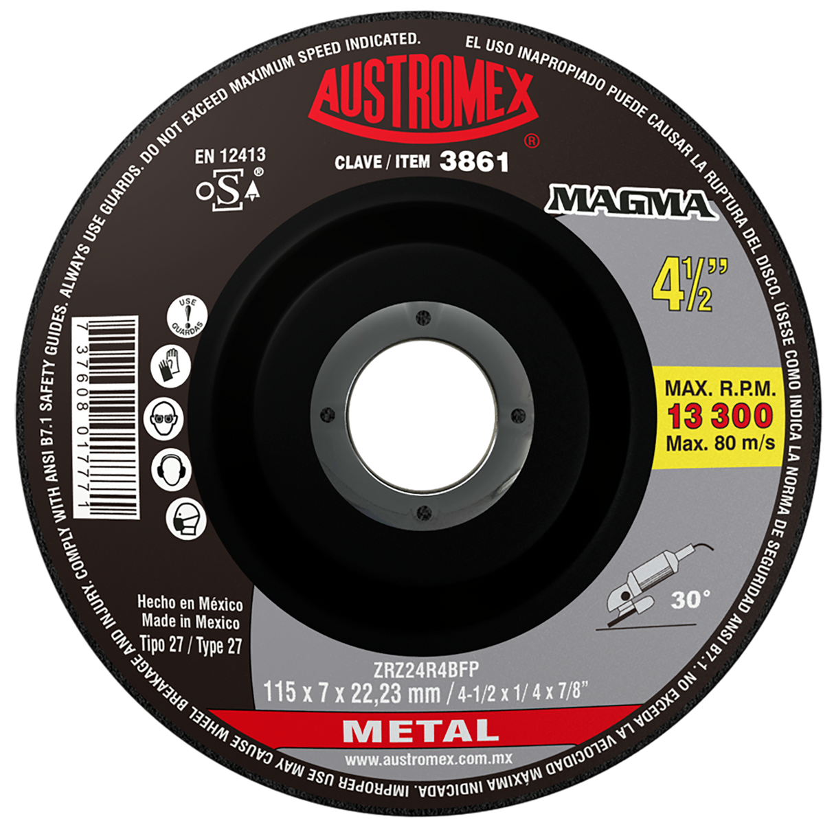 Disco de Desbaste, tipo 27, de Óxido de Zirconio, diam. 4-1/2 pulg, espesor 1/4 pulg, barreno de 7/8 pulg Austromex