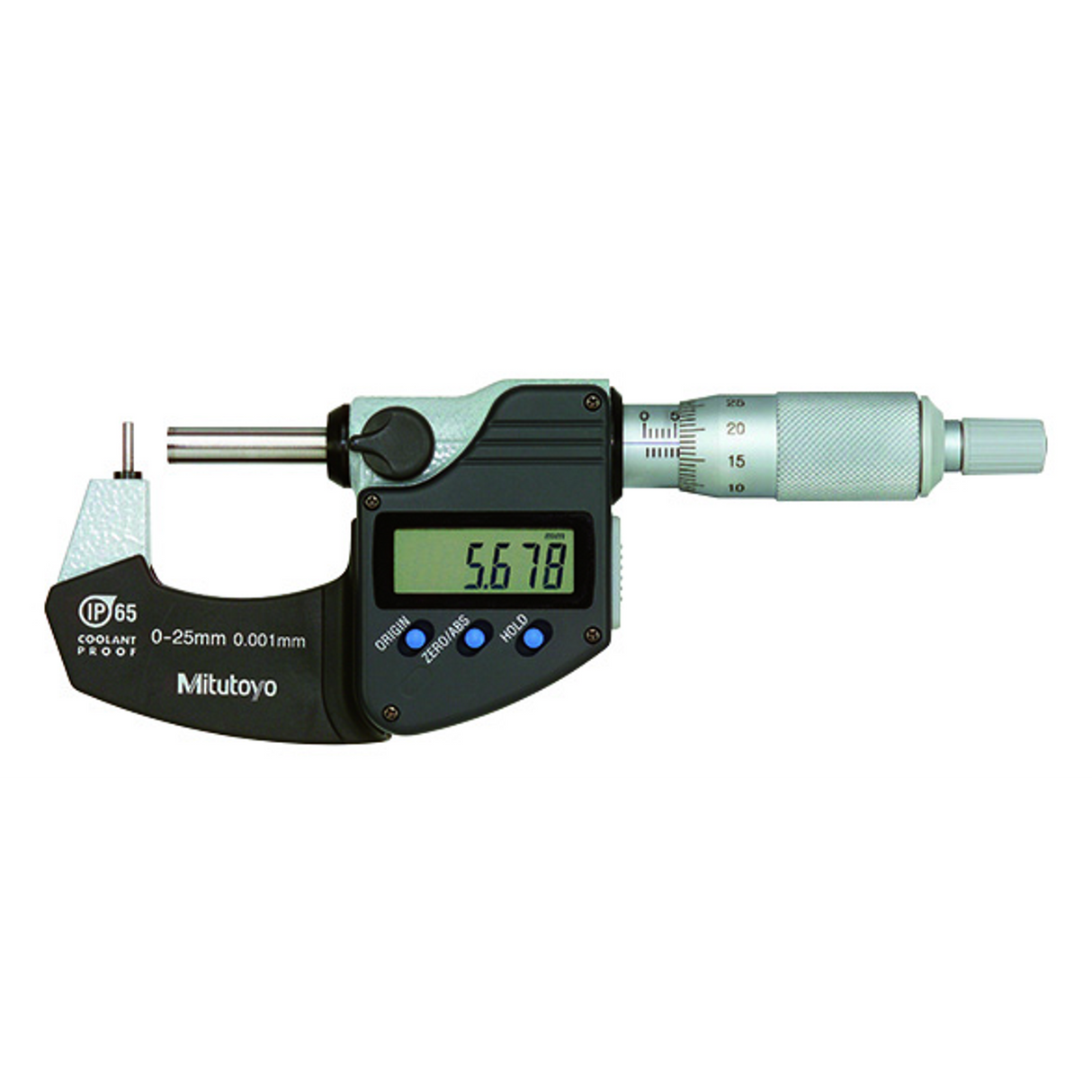 Micrómetro de tubo digital, husillo plano de tope de perno IP65, 0-25mm Mitutoyo