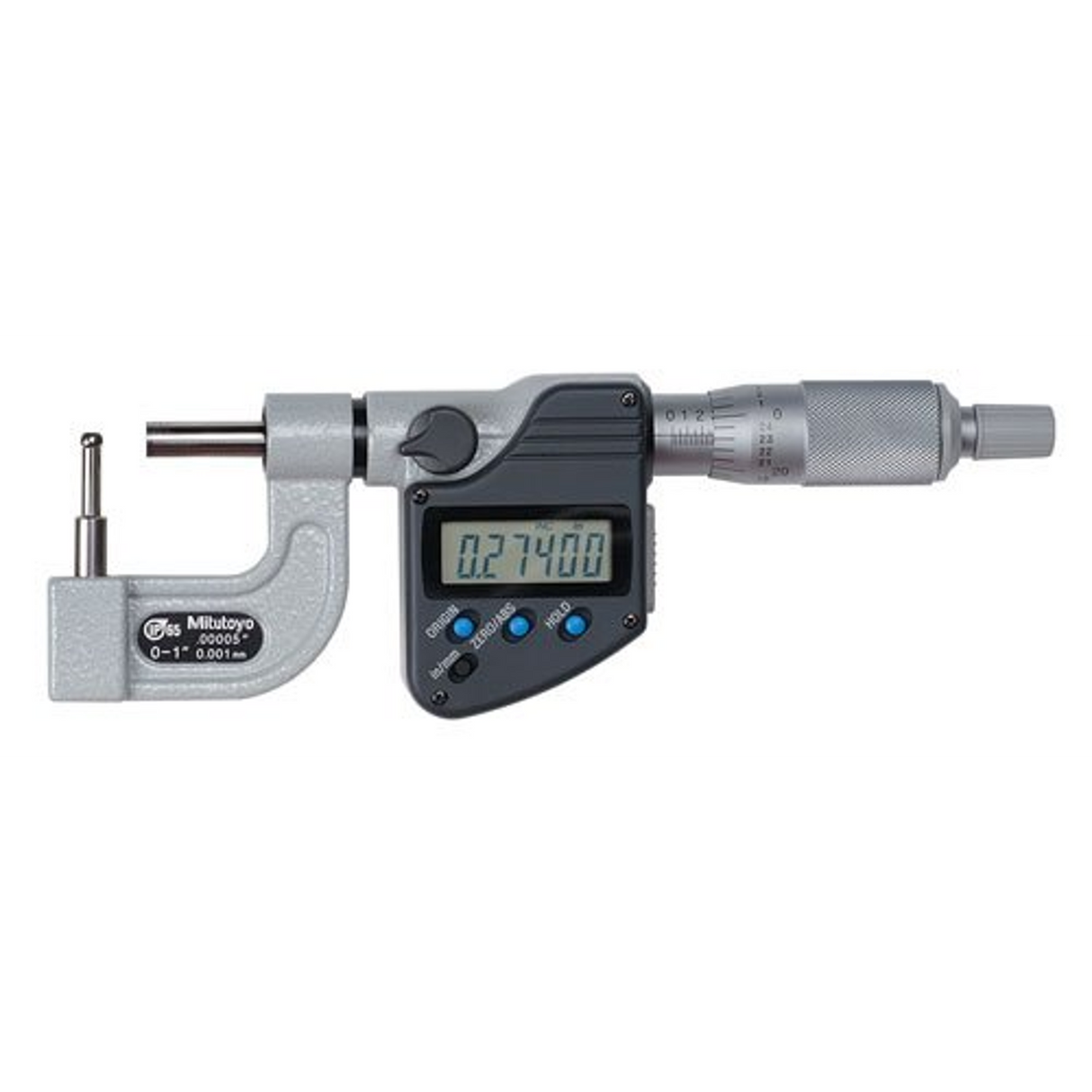 Micrómetro de tubo digital IP65, pulg/mm Husillo plano de tope esférico, 0-1 pulg Mitutoyo