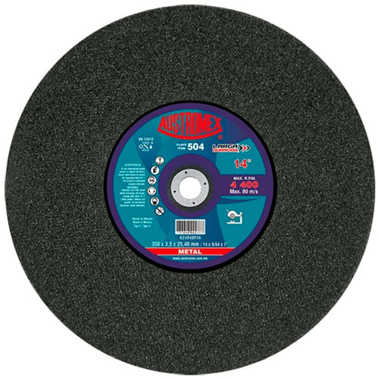 Disco metalografico,Espesor 9/64",Diámetro 14", Barreno 1" Abrasivos Especiales