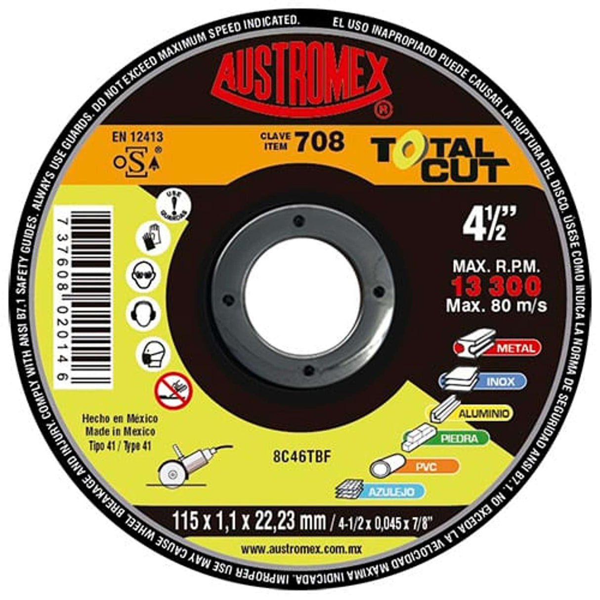 Disco multiproposito,Espesor 1.1mm,Diámetro 4-1/2", Barreno 7/8" Abrasivos Especiales