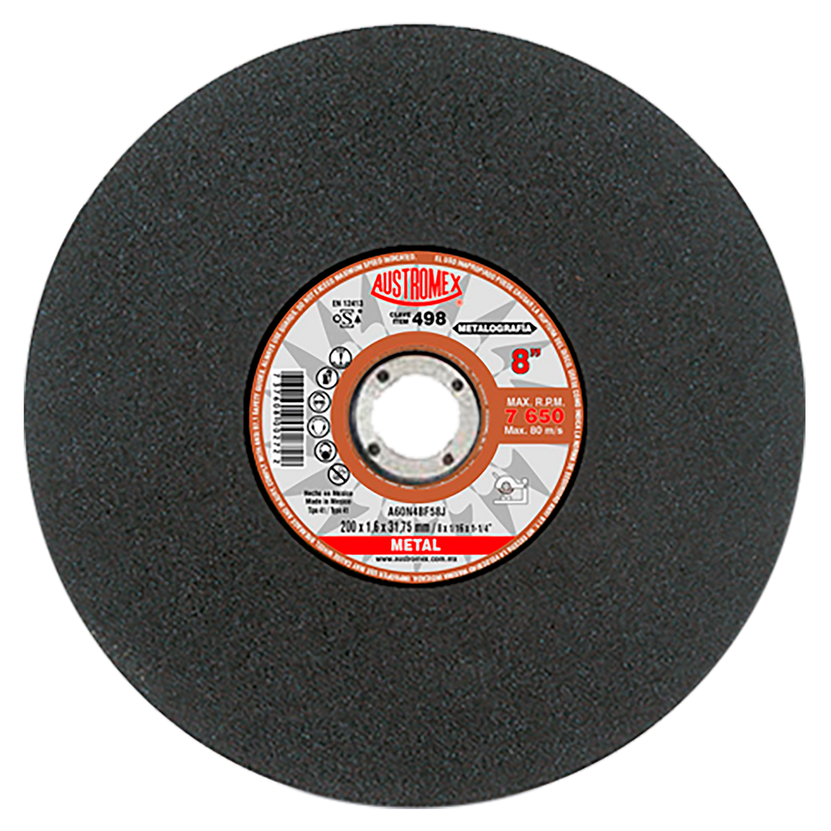 Disco de corte, tipo 41, medidas 8 pulg X 1/16 pulg X 1/4 pulg