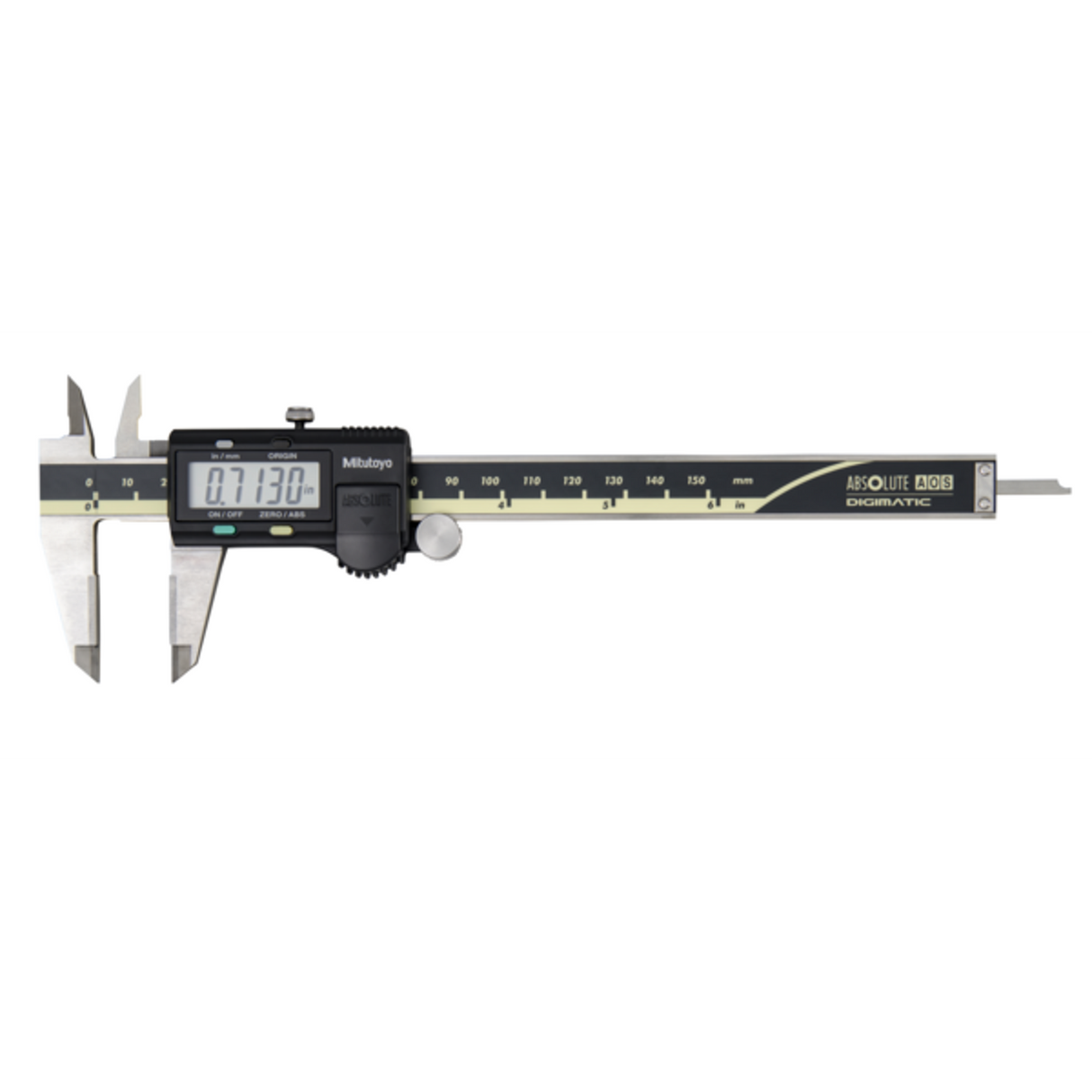 Calibrador digital ABS AOS, puntas de carburo pulg/mm, 0-6 pulg, Rodillo para pulgar, sin salida de datos Mitutoyo