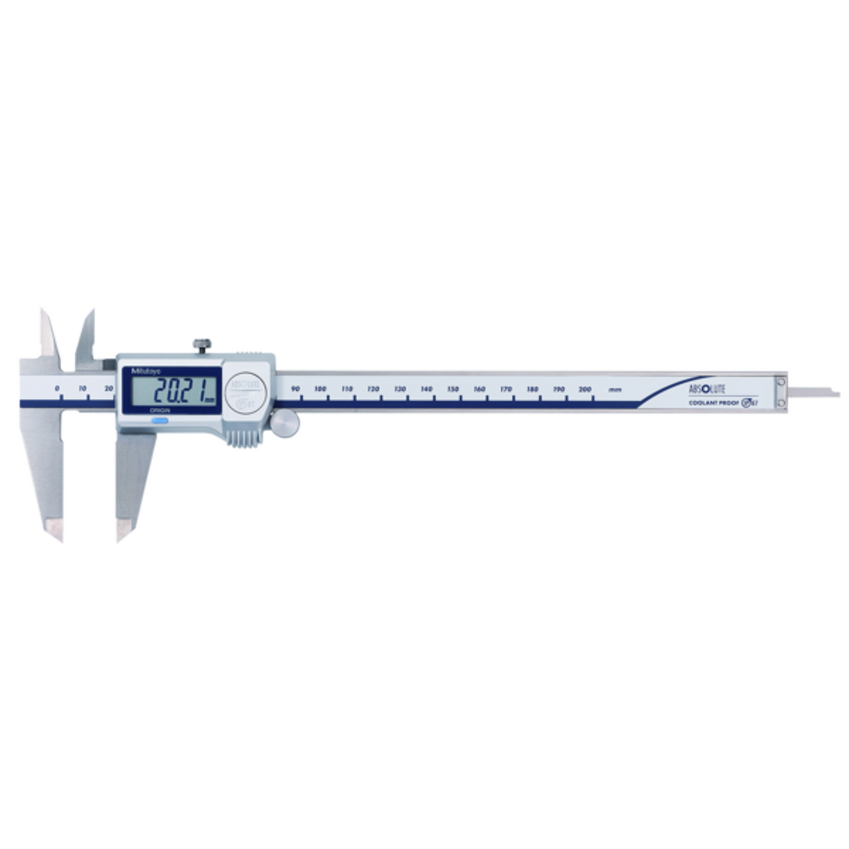 Calibrador ABS digital a prueba de refrigerante IP67 0-200mm, Rodillo para el pulgar, puntas de carburo Mitutoyo