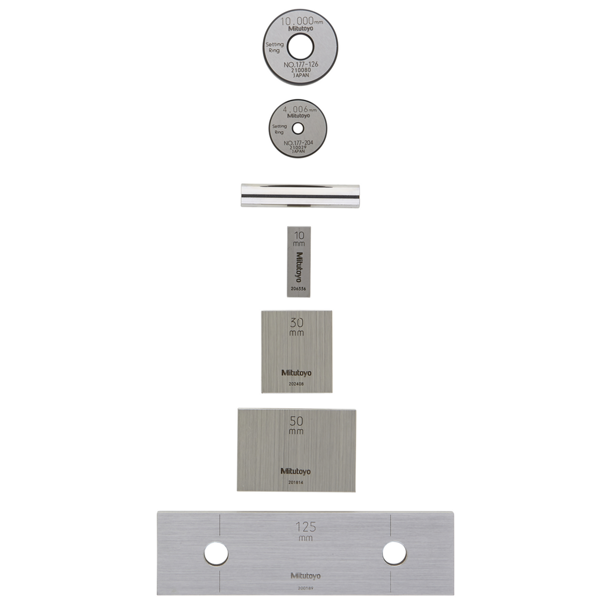 Juego de bloques patrón rectangular, mm, certificado de inspección, ISO, 4 Bloques, Grado 1, Acero, 2 anillos de fijado D=4/10 mm, Perno patrón D=10 mm Mitutoyo