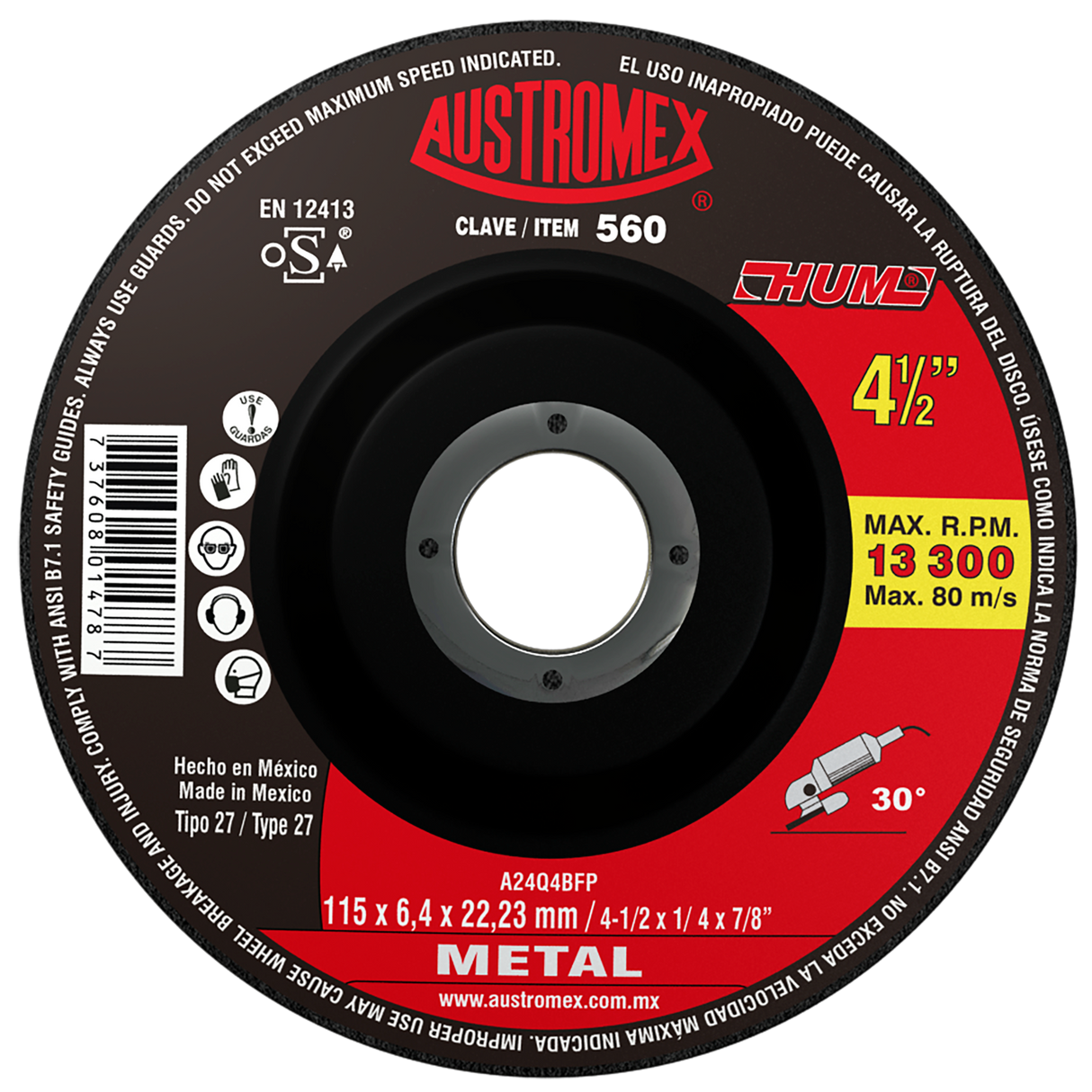 Disco de Desbaste, tipo 27, de Óxido de Aluminio, diam. 4-1/2 pulg, espesor 1/4 Pulg, barreno de 7/8 Pulg Austromex