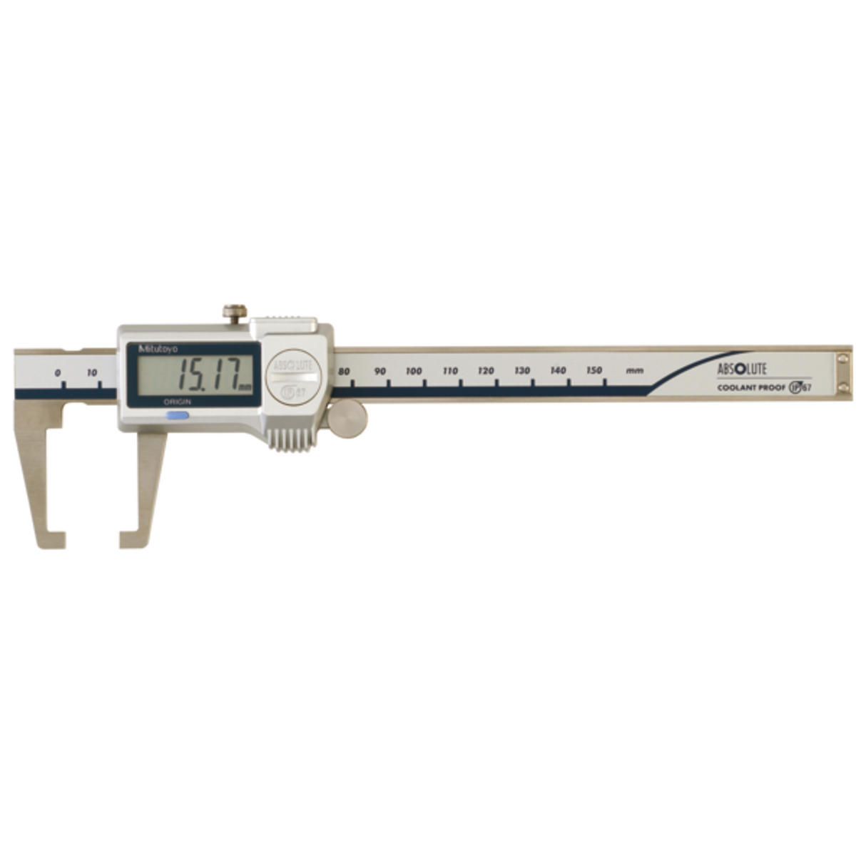 Calibrador digital ABS tipo para cuellos 0-150mm, IP67, Rodillo para el pulgar Mitutoyo