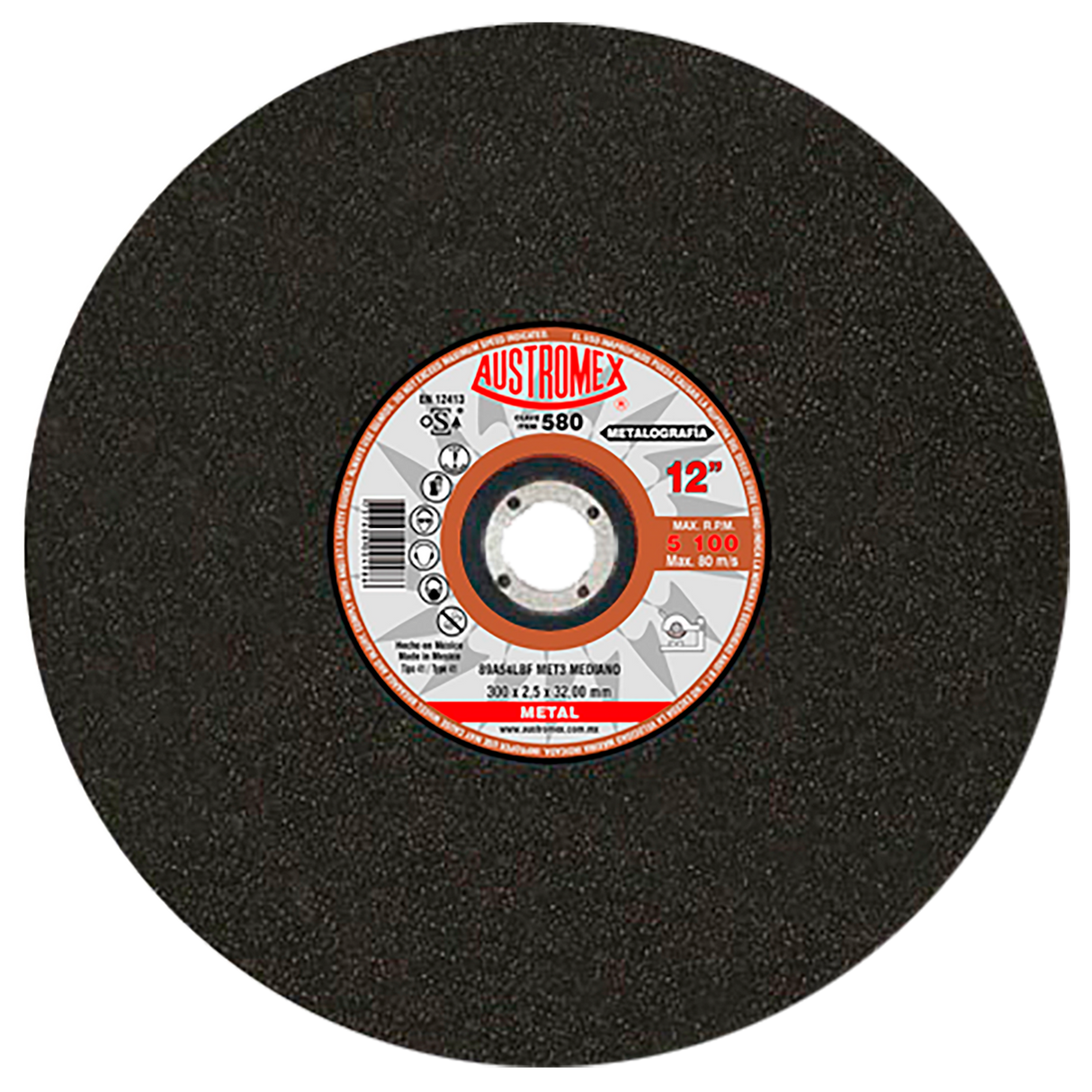 Disco de corte, tipo 41, medidas 12 pulg X 3/32 pulg X 1-1/4 pulg