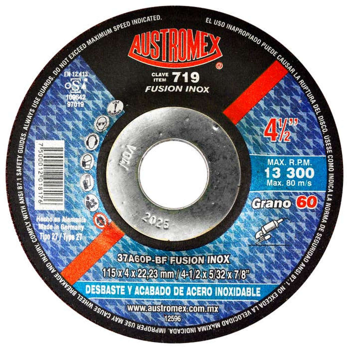 Disco de Desbaste, tipo 27, de Óxido de Aluminio, diam. 4-1/2 pulg, espesor 5/32 pulg, barreno de 7/8 Pulg Austromex