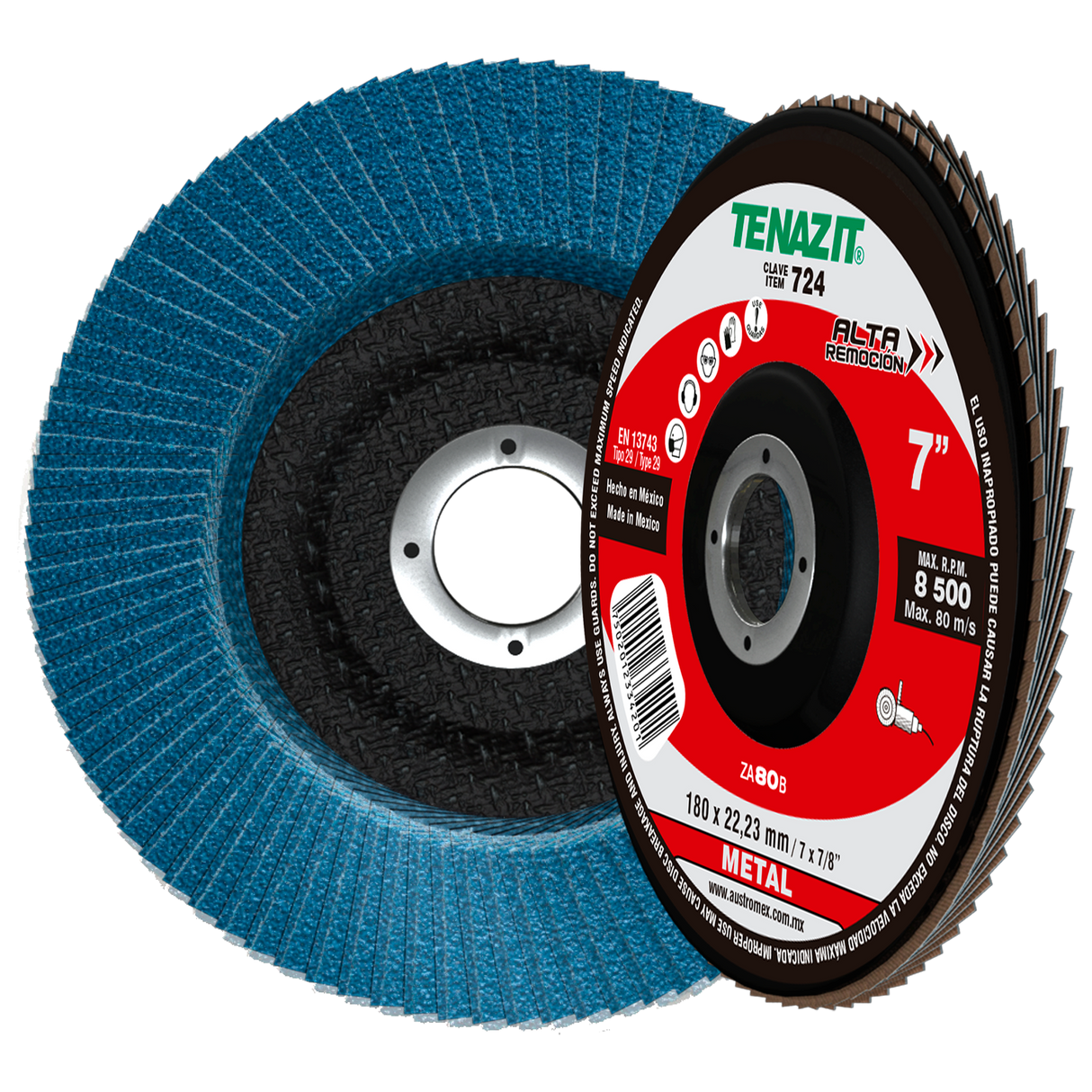 Disco Laminado de Zirconio, Diam. 7 pulg, barreno 7/8 pulg, grano 80, respaldo Fibra de Vidrio Tenazit