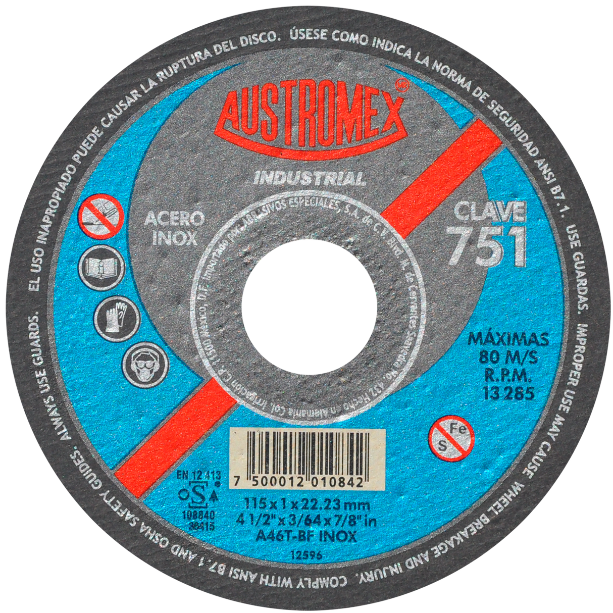 Disco de corte, tipo 41, medidas 4-1/2 pulg X 3/64 pulg X 7/8 pulg