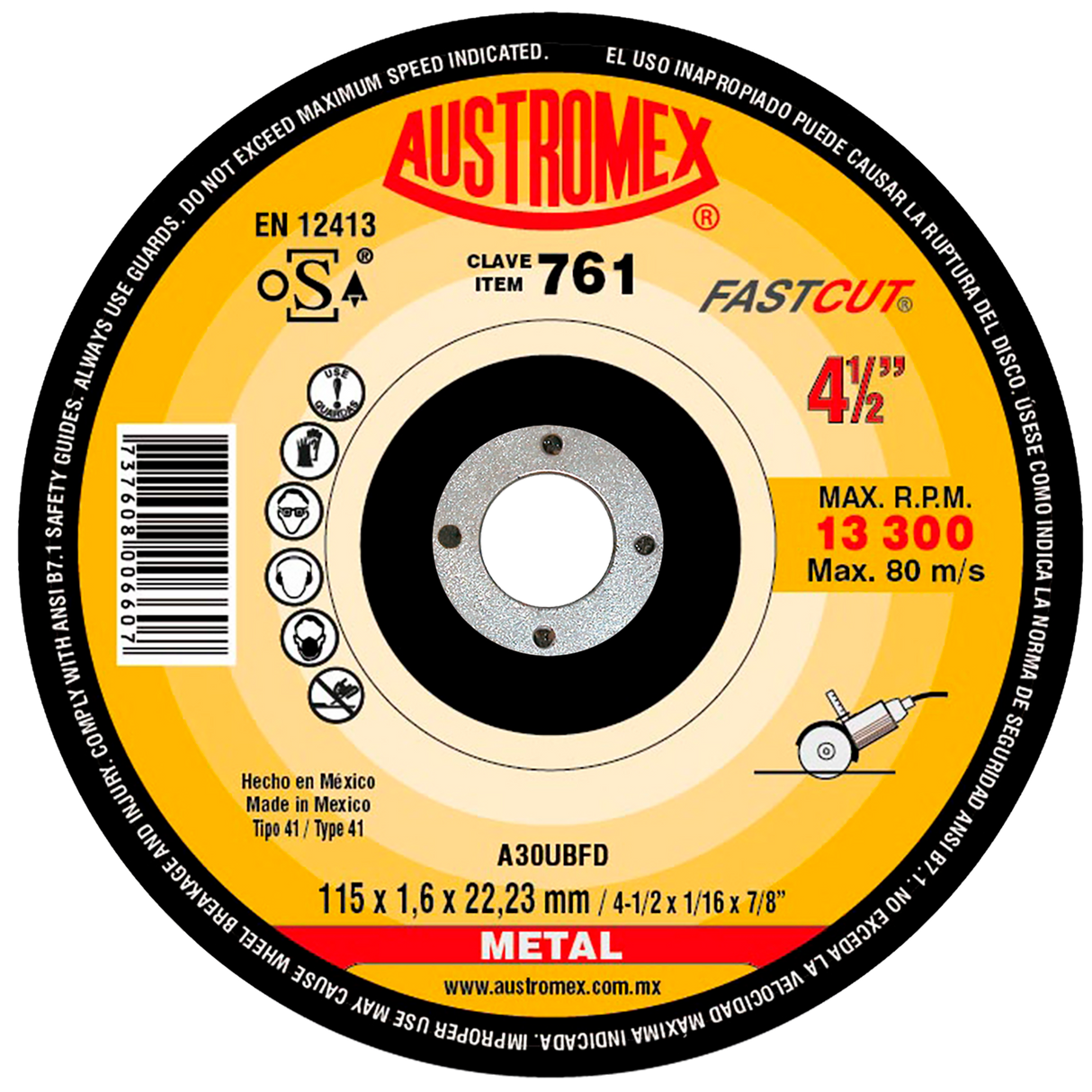 Disco de corte, tipo 41, medidas 4-1/2 pulg X 1/16 pulg X 7/8 pulg