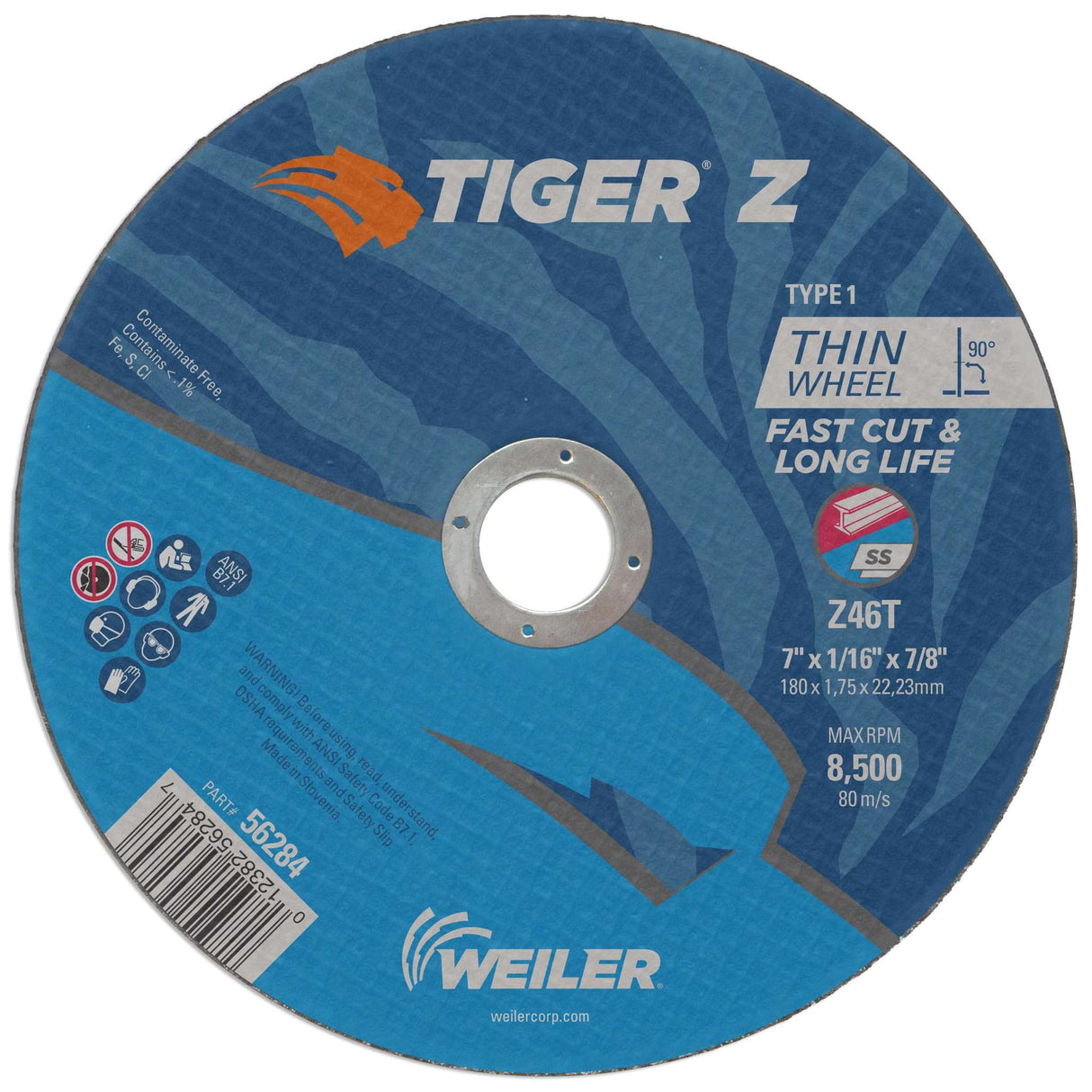 Disco de corte tipo 1, diámetro de 7 pulg, espesor 0.045 pulg, barreno 7/8 pulg