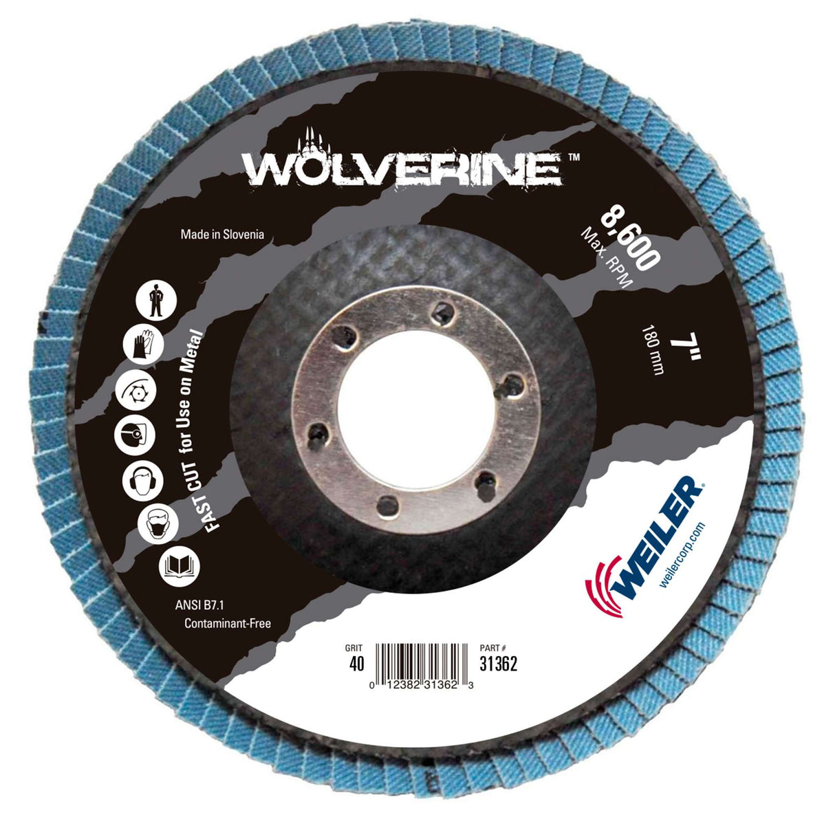 Disco laminado de Zirconia, tipo29, diámetro de 7 pulg, barreno de 7/8 pulg, grano 40, respaldo Fenólico Weiler