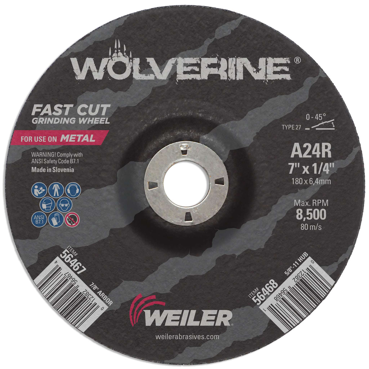 Disco de Desbaste de Óxido de Aluminio Blanco, tipo 27, diámetro de 7 pulg, espesor de 1/4 pulg, barreno de 7/8 pulg Weiler