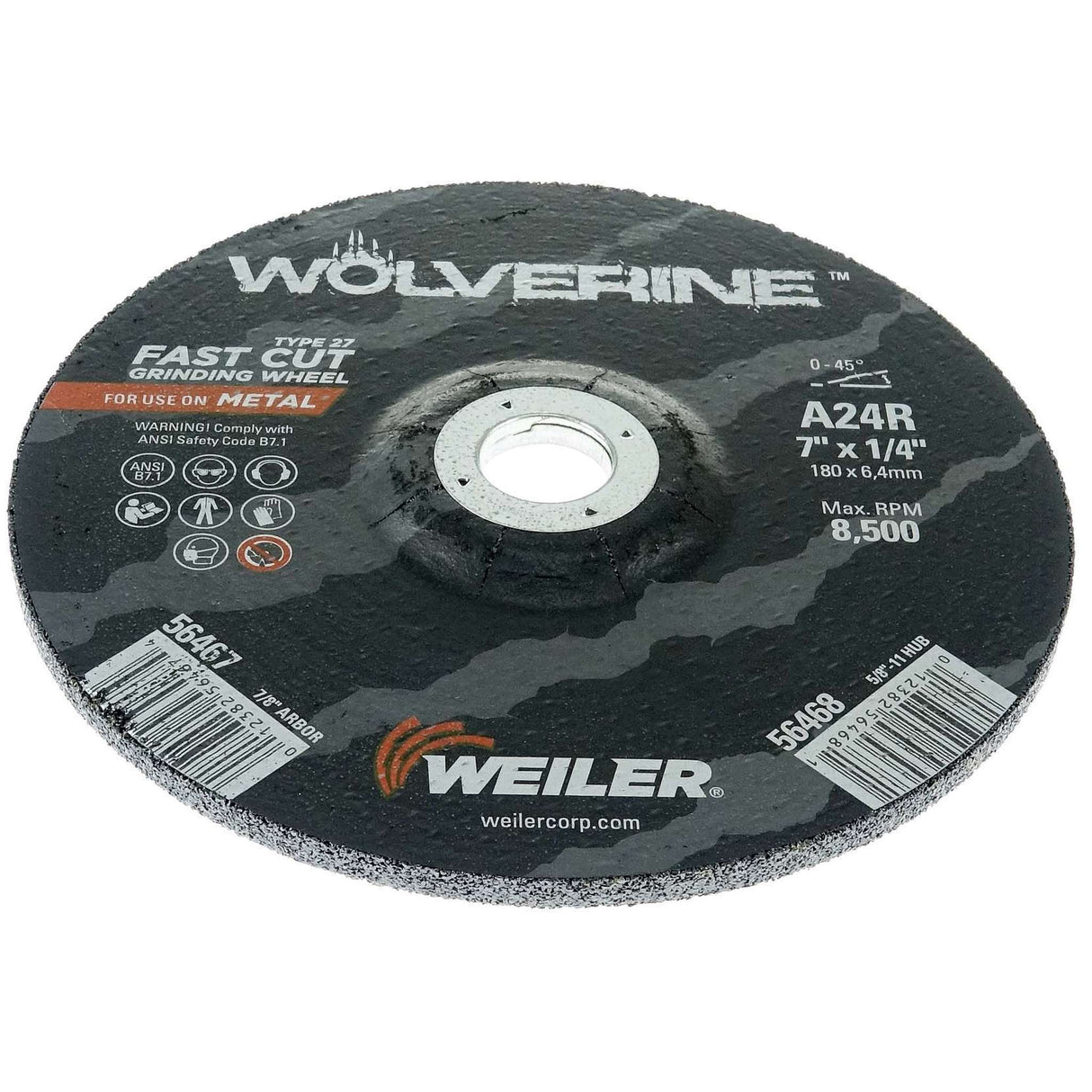 Disco de Desbaste de Óxido de Aluminio Blanco, tipo 27, diámetro de 7 pulg, espesor de 1/4 pulg, barreno de 7/8 pulg Weiler