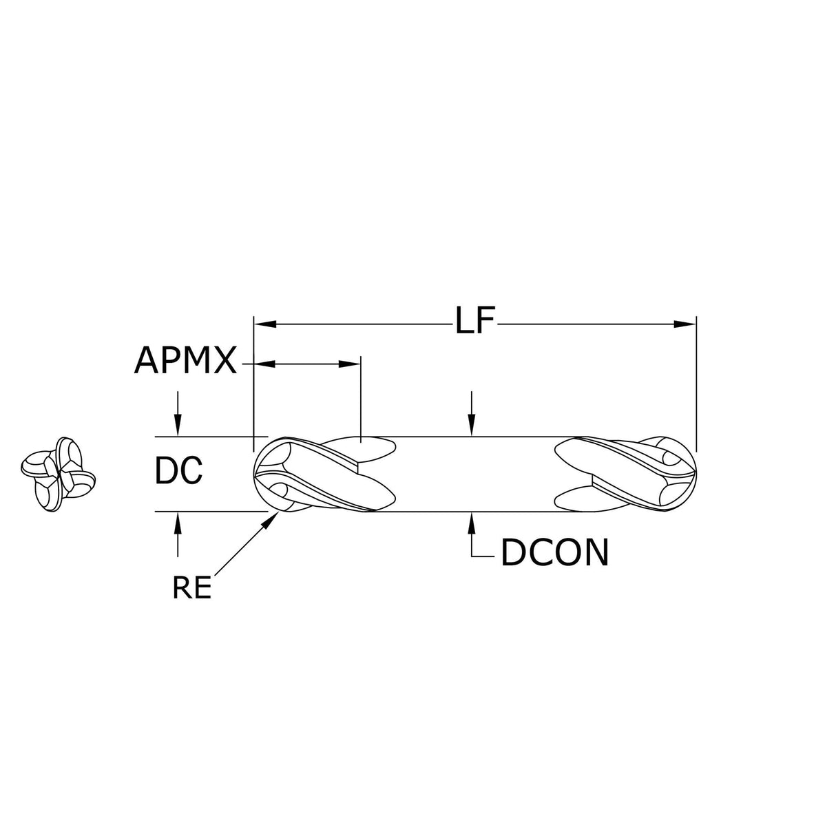 Cortador Vertical de Propósito General, Diam. 7/16 pulg, 4 Flautas, Punta Bola