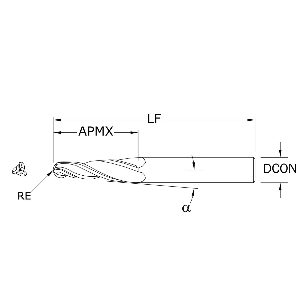 Cortador Vertical de Propósito General, Diam. 1/4 pulg, 3 Flautas, Punta Cónica Bola