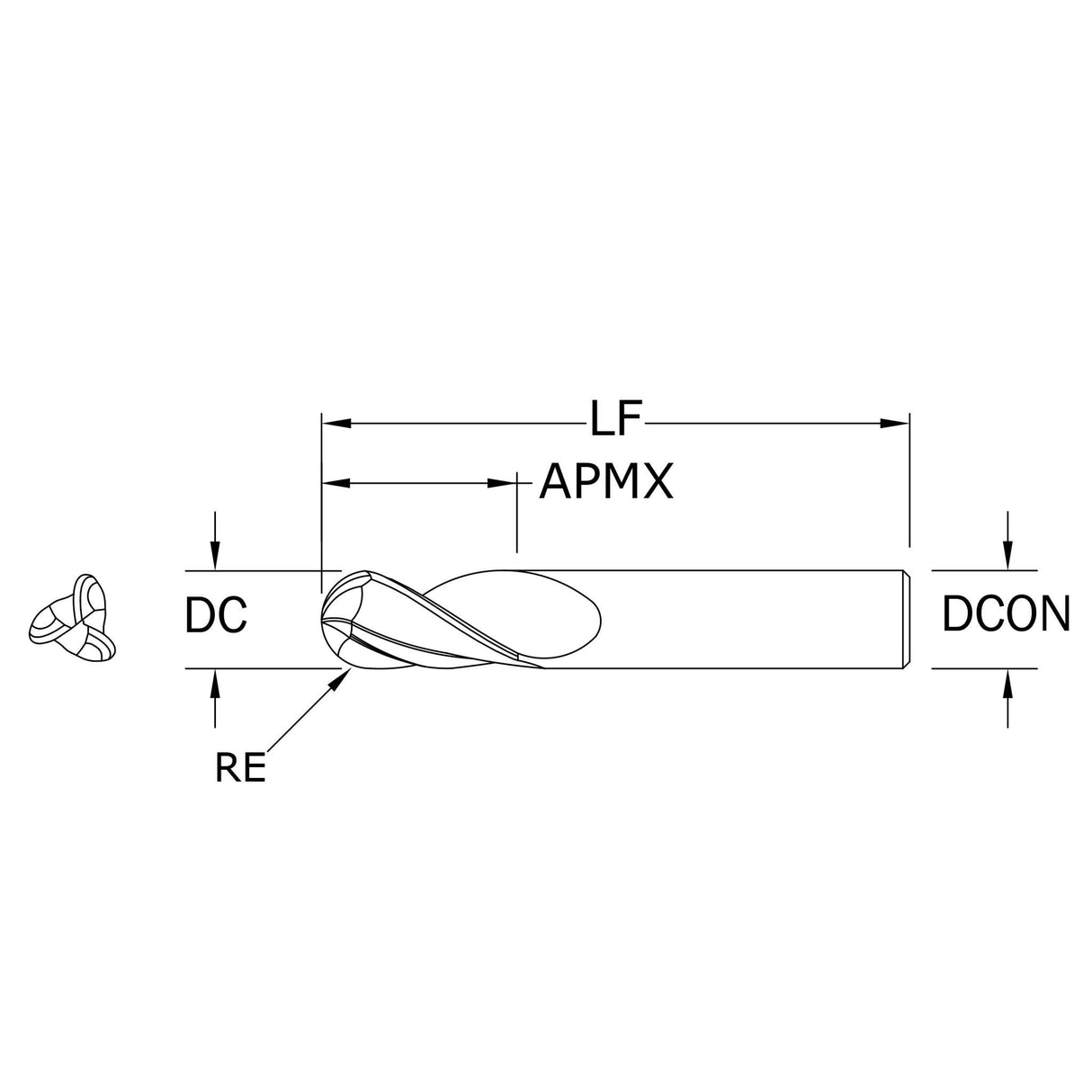 Cortador Vertical de Propósito General, Diam. 3/4 pulg, 3 Flautas, Punta Bola