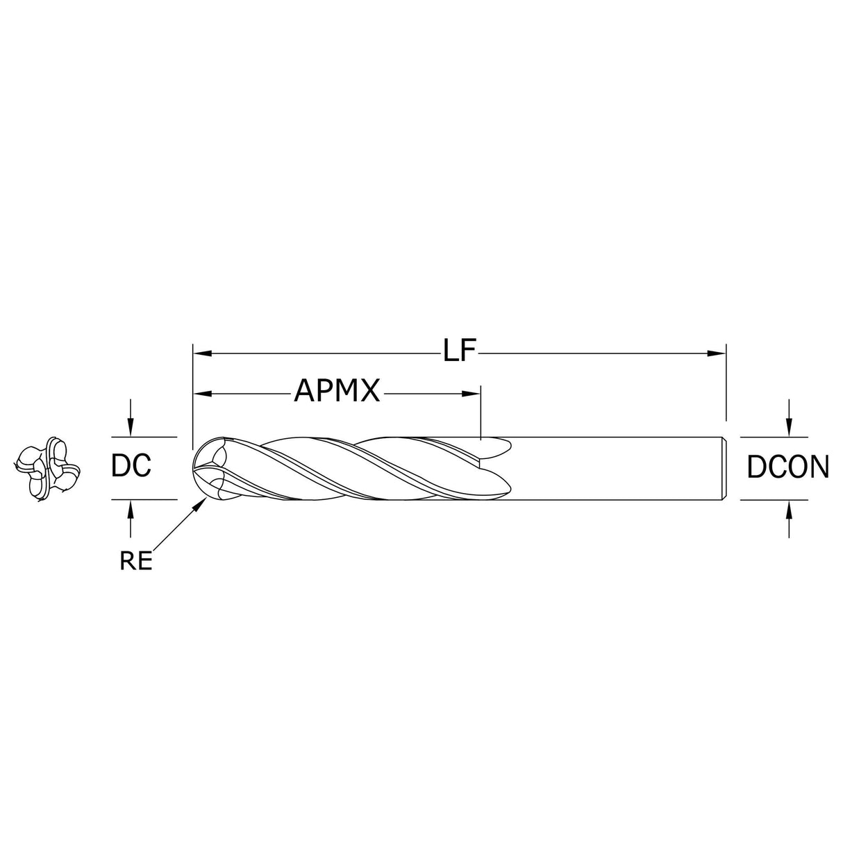 Cortador Vertical de Alto Rendimiento, Diam. Cte. 1 pulg, 4 Flautas, Punta Bola