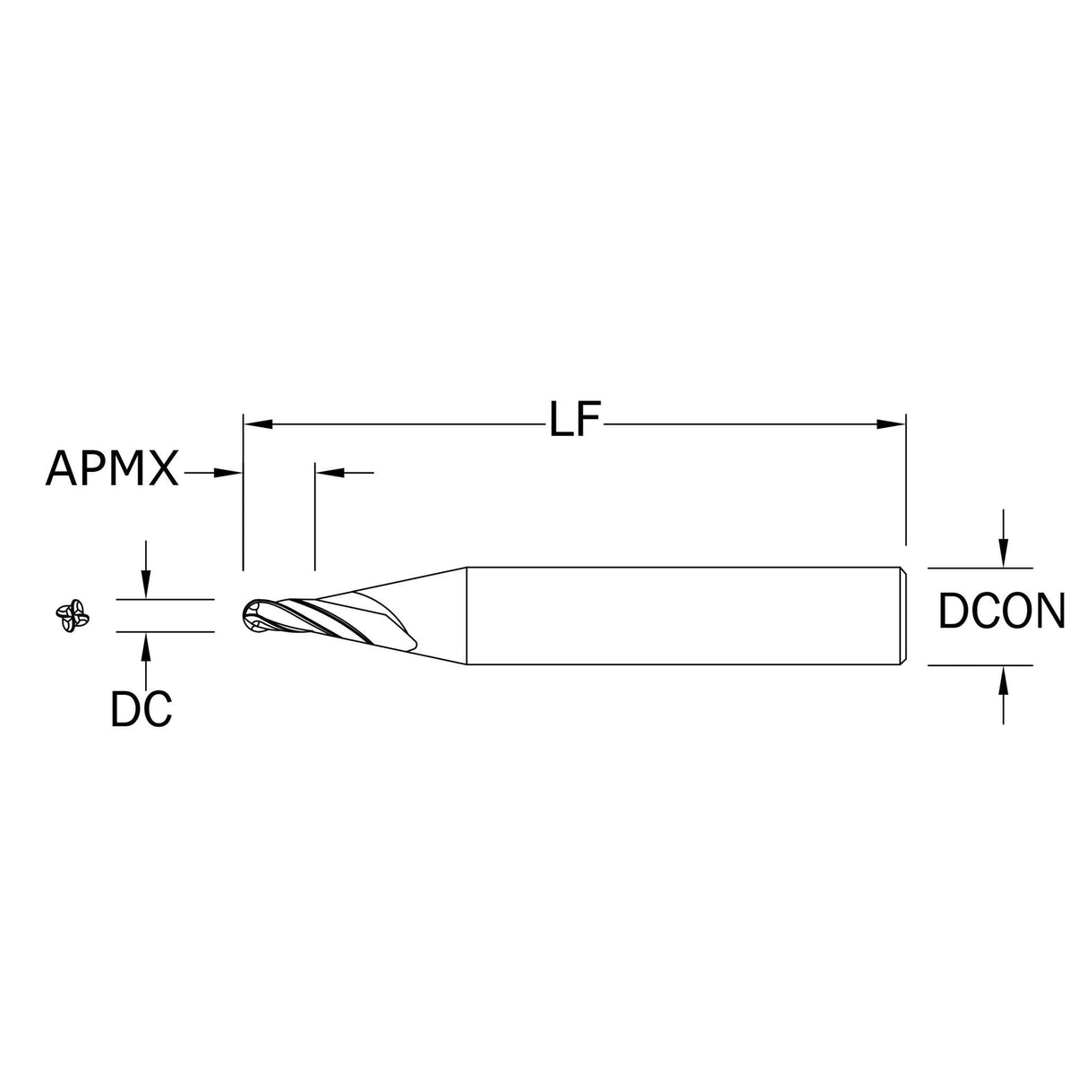 Micro Cortador Vertical, Diam. Cte. 1.2 mm, 4 Flautas, Punta Bola SGS