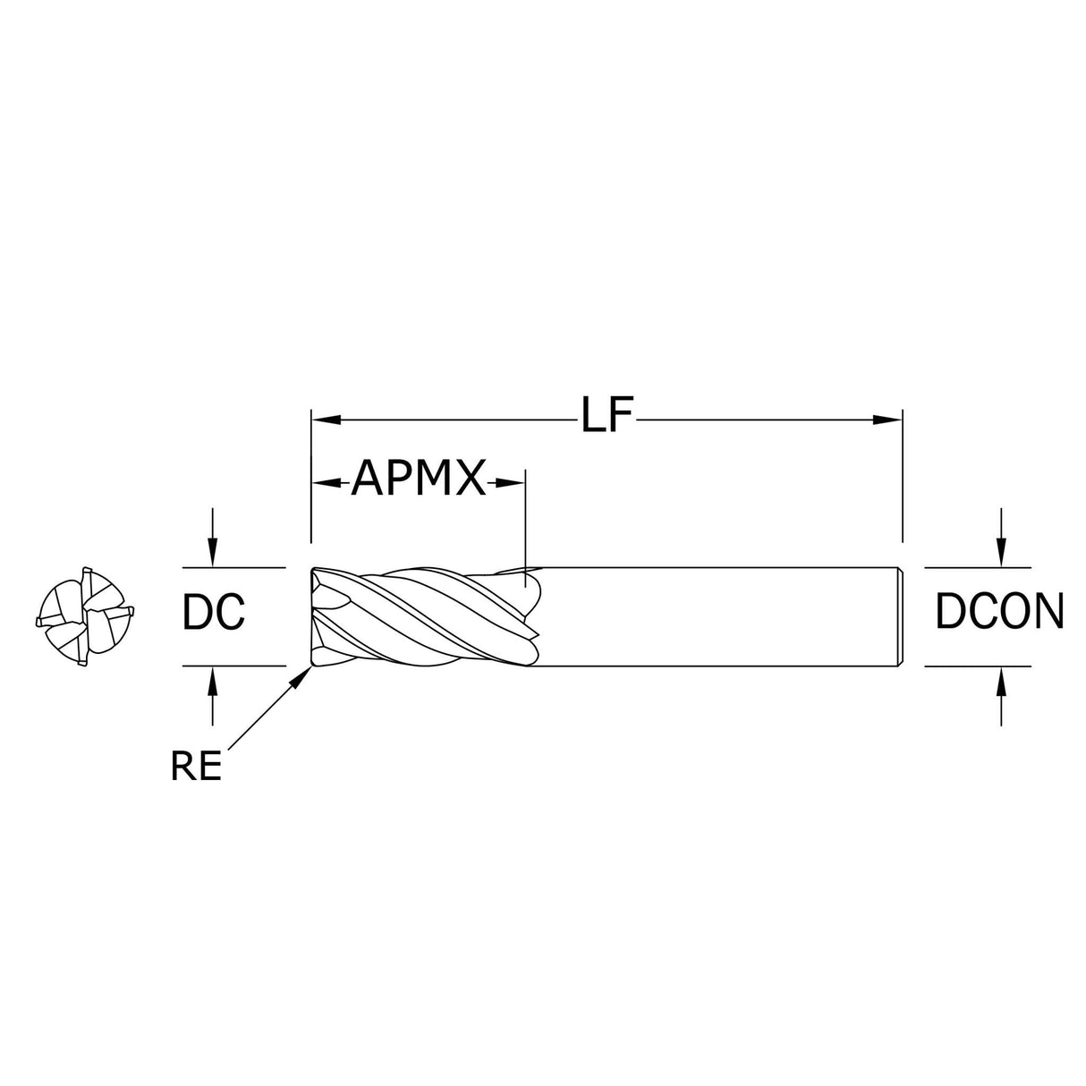 Cortador Vertical de Alto Rendimiento, Diam. Cte. 1/4 pulg, 4 Flautas, Radios en Esquina
