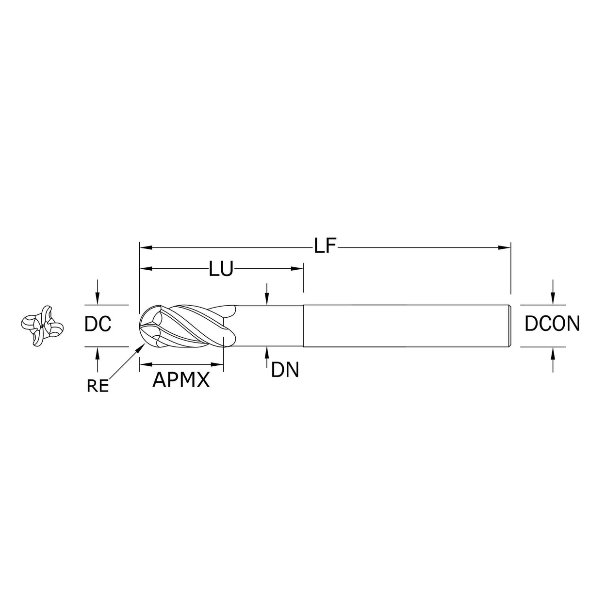 Cortador Vertical de Alto Rendimiento, Diam. Cte. 5/8 pulg, 4 Flautas, Punta Bola