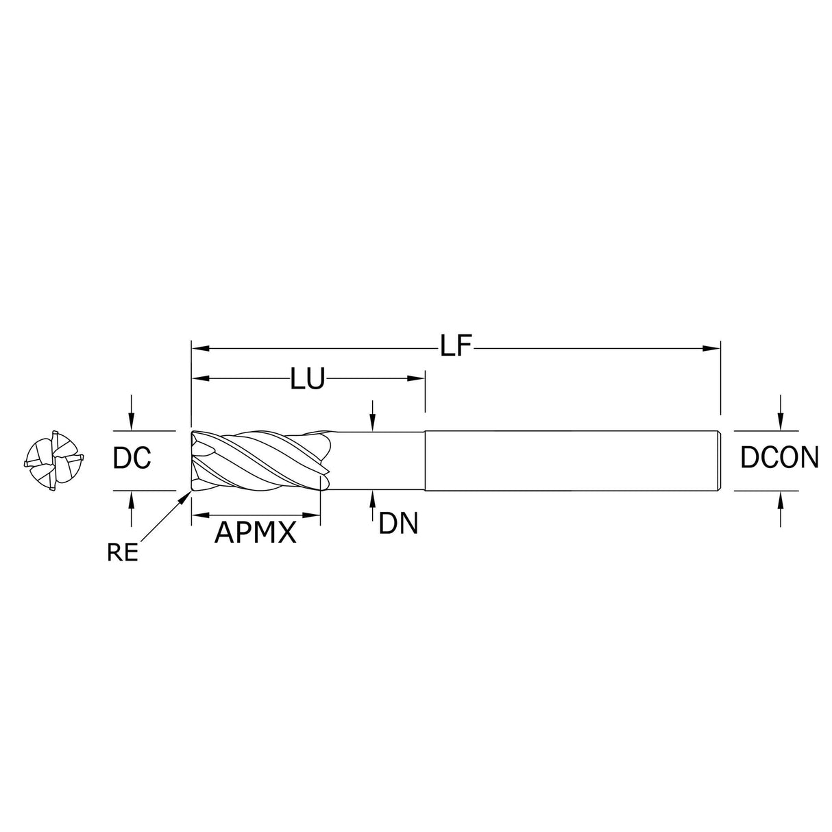 Cortador Vertical de Alto Rendimiento, Diam. Cte. 1/2 pulg, 4 Flautas, Radios en Esquina
