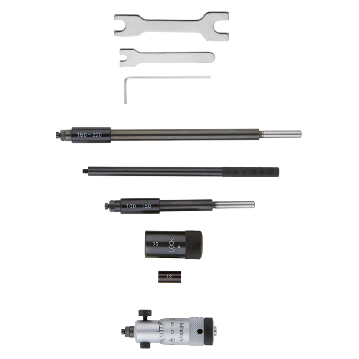 Micrómetro de interiores, Varilla intercambiable 50-200mm,  con 3 varillas, Superficie de medición endurecida