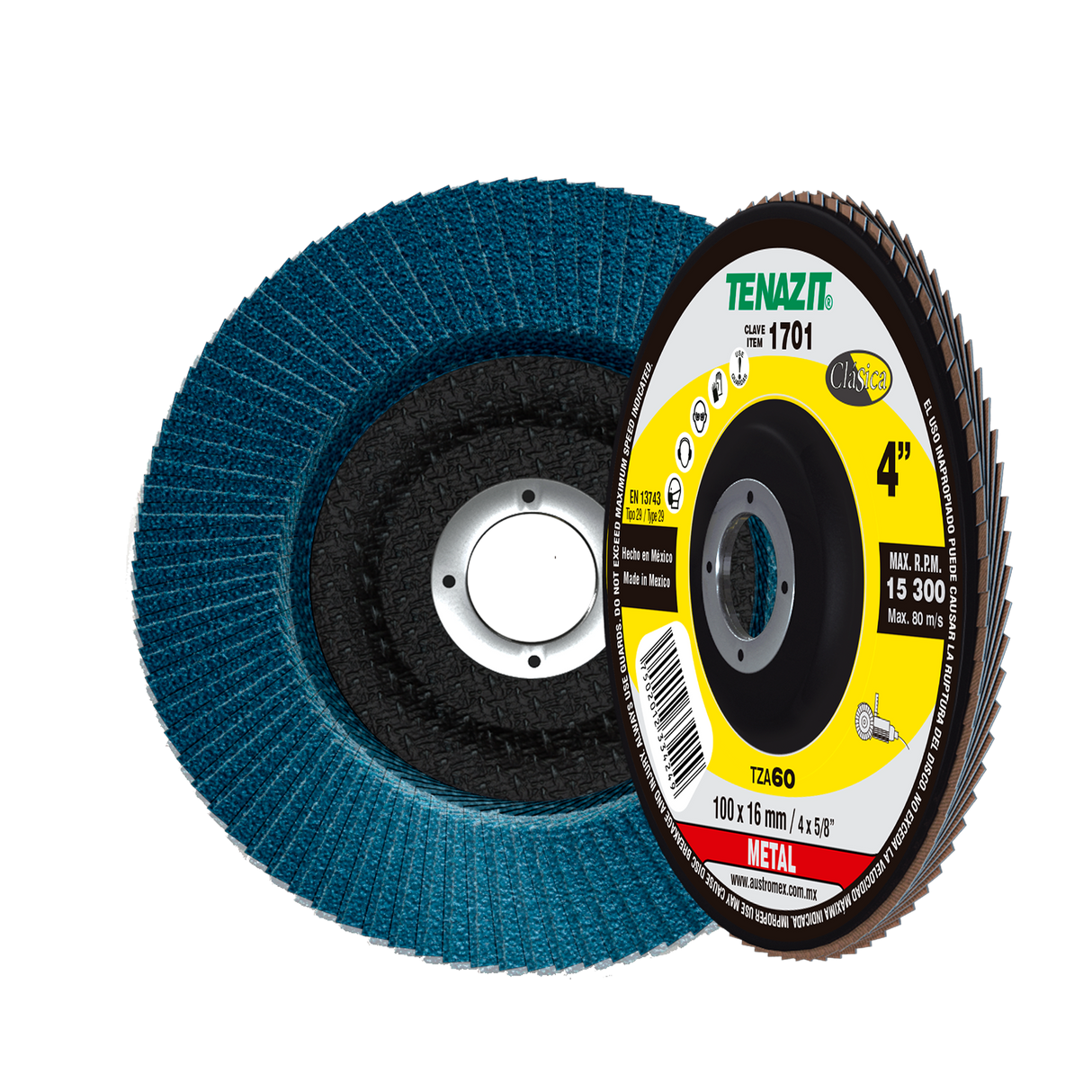 Disco Laminado de Zirconio, Diam. 4 pulg, barreno 5/8 pulg, grano 60, respaldo Fibra de Vidrio