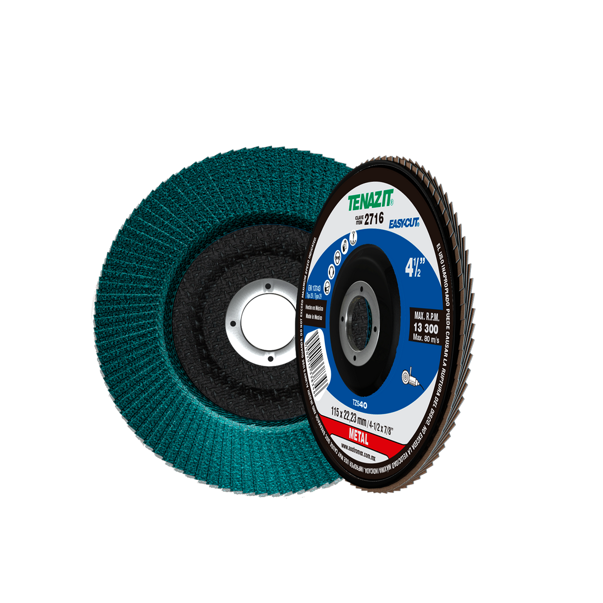 Disco Laminado de Zirconio, Diam. 4-1/2pulg, barreno 7/8 pulg, grano 40, respaldo Fibra de Vidrio