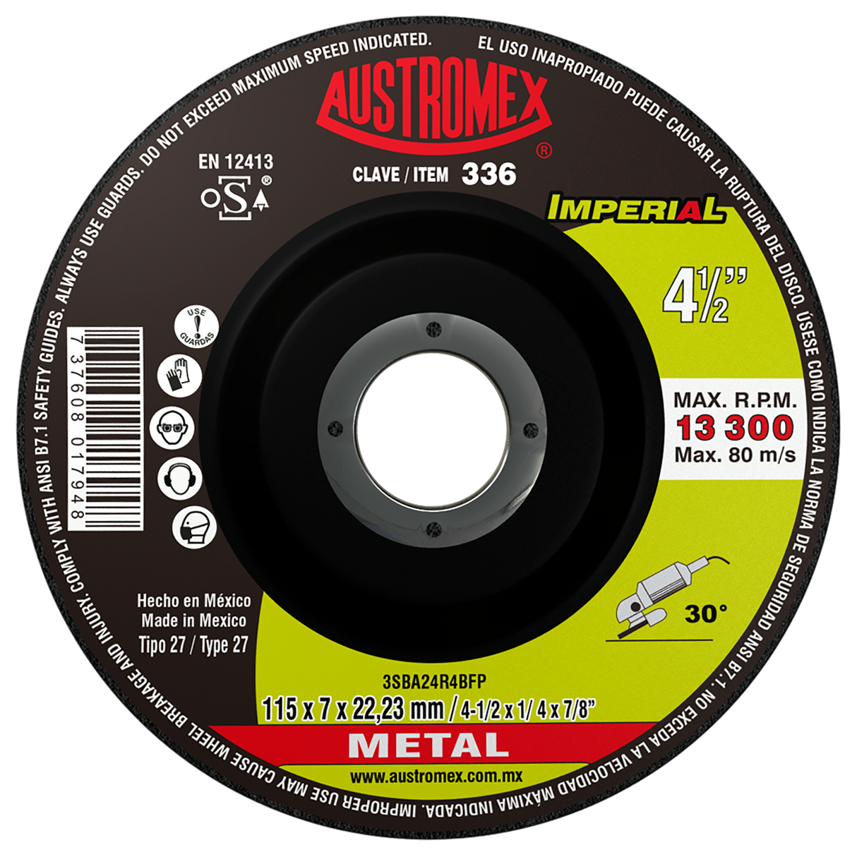 Disco de Desbaste, tipo 27, de Óxido de Aluminio cerámico, diam. 4-1/2 pulg, espesor 1/4 Pulg, barreno de 7/8 Pulg Austromex